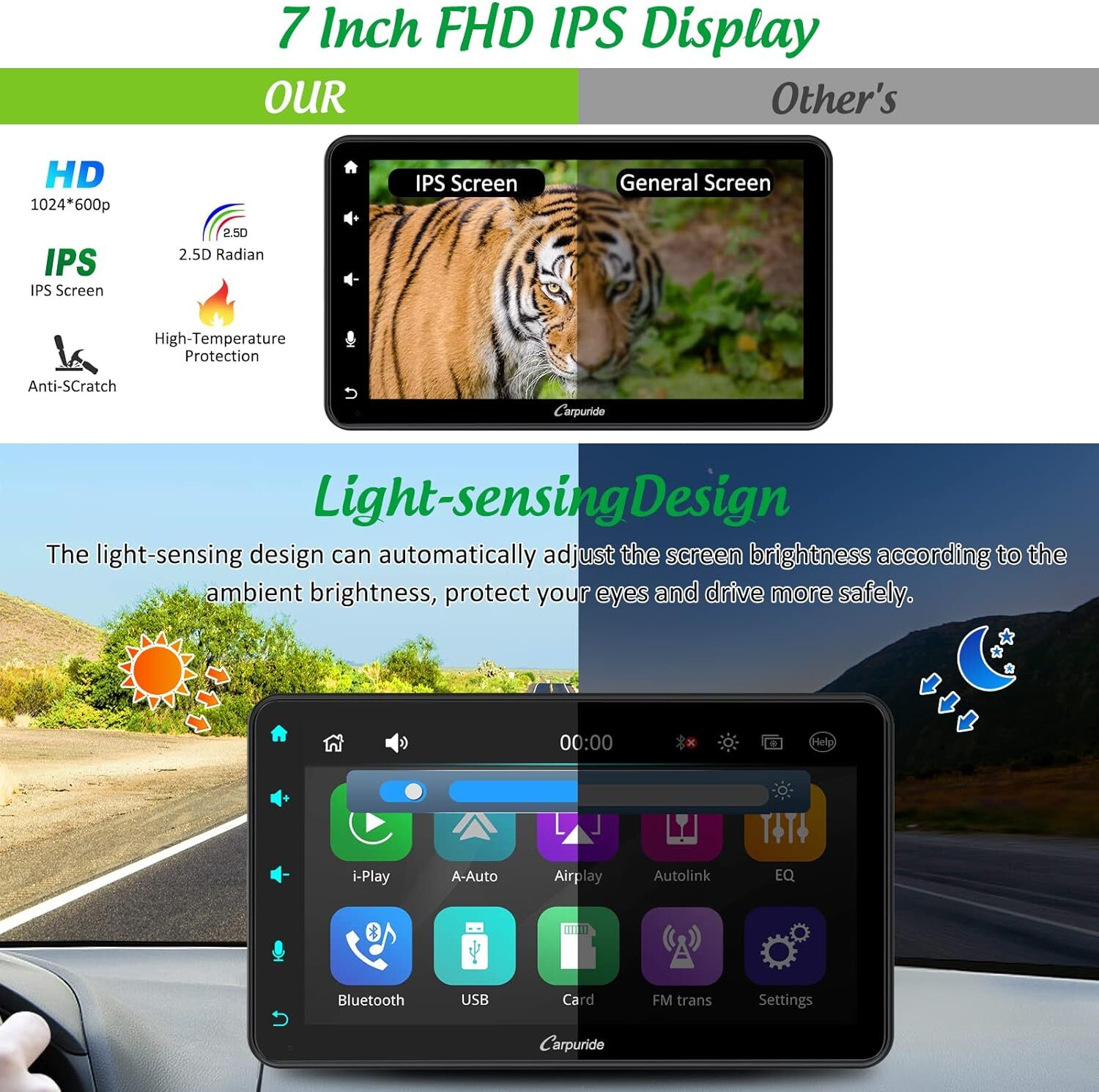 Carpuride 7” Wireless Carplay Android Auto Car Radio Mirror Link Color Light Key