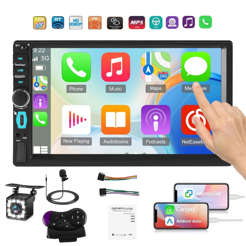 Double Din 7″ Car Stereo Radio Bluetooth Touch Screen Apple Carplay Android Auto