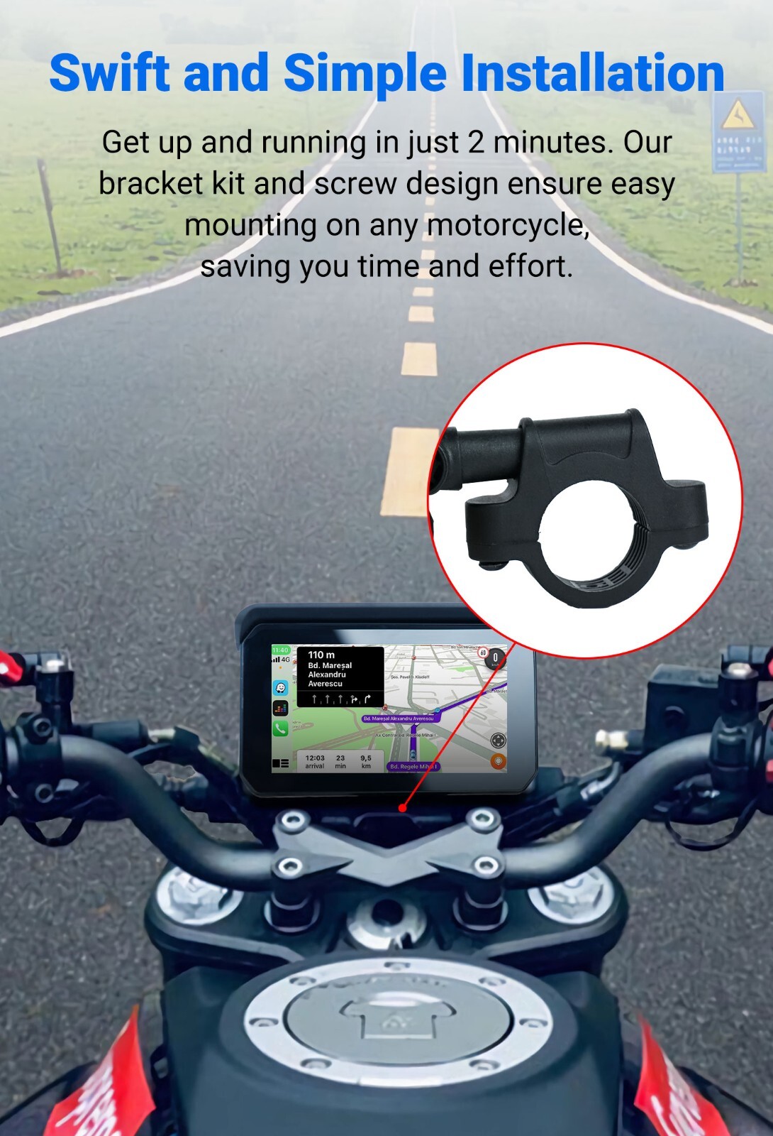GPS Portable Motorcycle Navigator Wireless CarPlay Waterproof 5″IPS Touch Screen