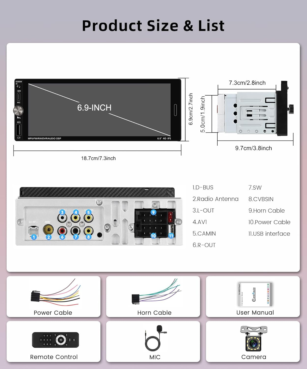 Car Stereo Single Din Wireless Carplay 6.9 Inch Touch Screen Android Auto, Car