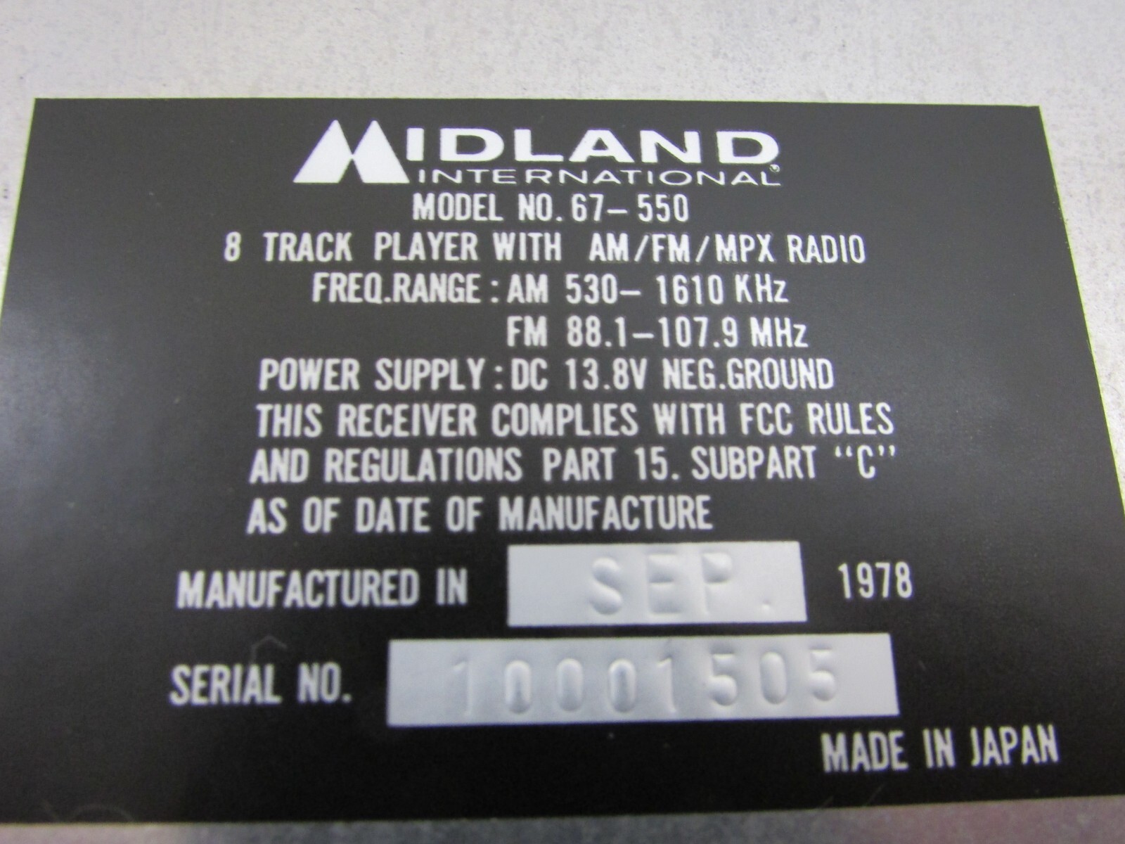 NOS! VINTAGE MIDLAND 8-TRACK CAR STEREO w/ MICRO-PRECISION AM/FM/MPX, 67-550