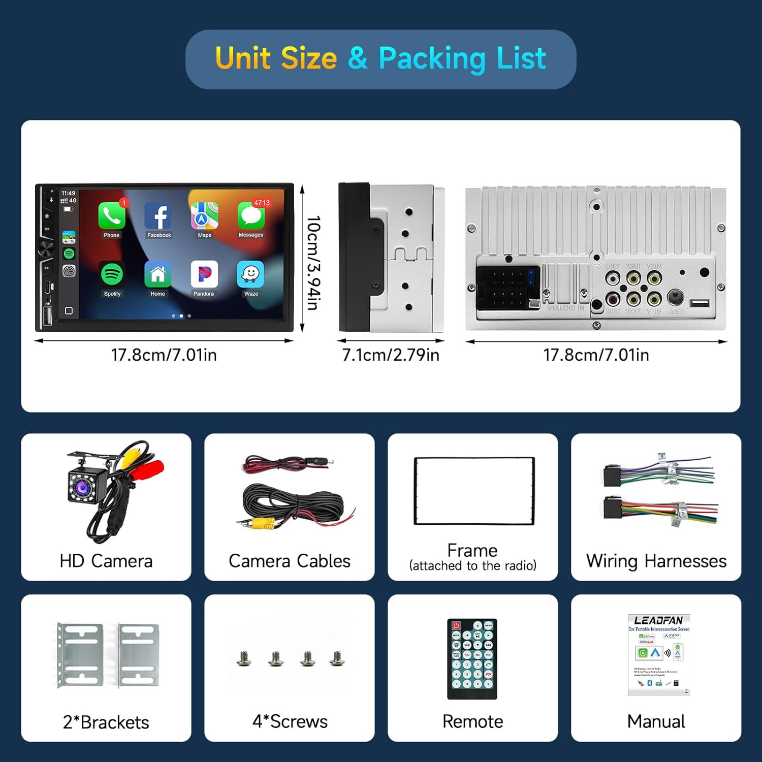 Wireless Double Din Car Stereo with Apple Carplay, 7Inch Touchscreen Double Din