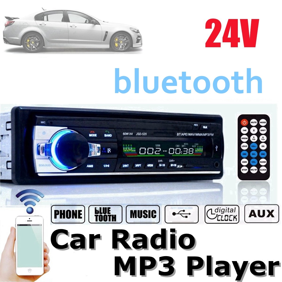 bluetooth Car Audio In-Dash FM Aux Input Receiver SD USB MP3 Radio Player JSD520