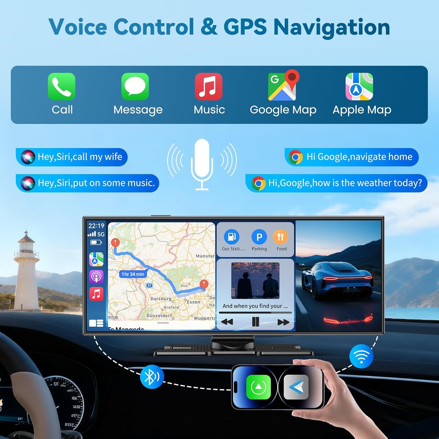 Large 11.5″ Wireless Carplay Screen & Android Auto Screen with 4K Dashcam/ 1080P