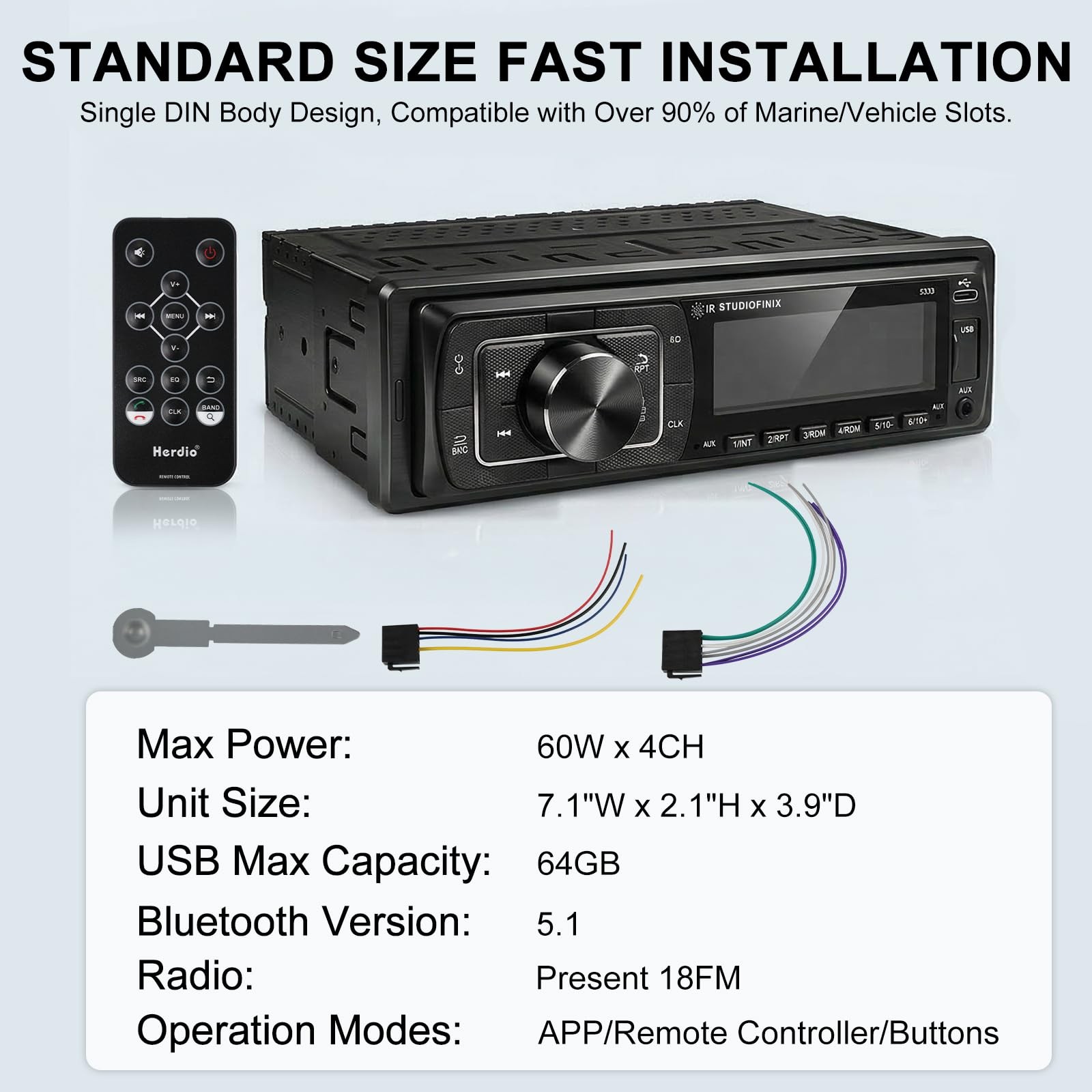 STUDIOFINIX Single Din Bluetooth 5.1 Marine Car Stereo Receiver, 240W Audio H…