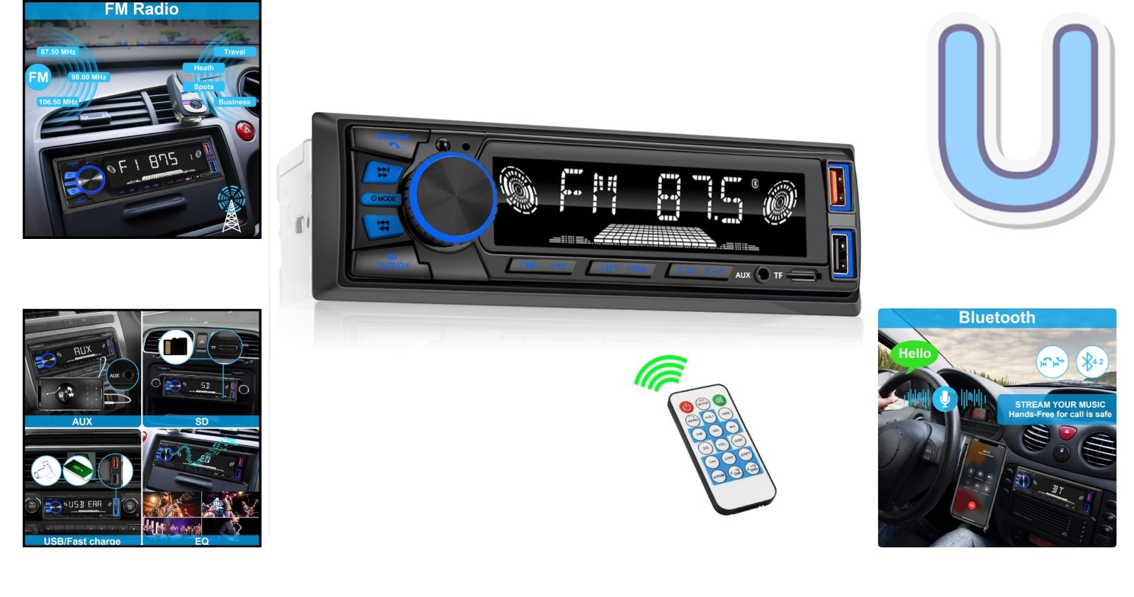 Single DIN Bluetooth Radio with FM/MP3 Playback, Smart App Control & Remote