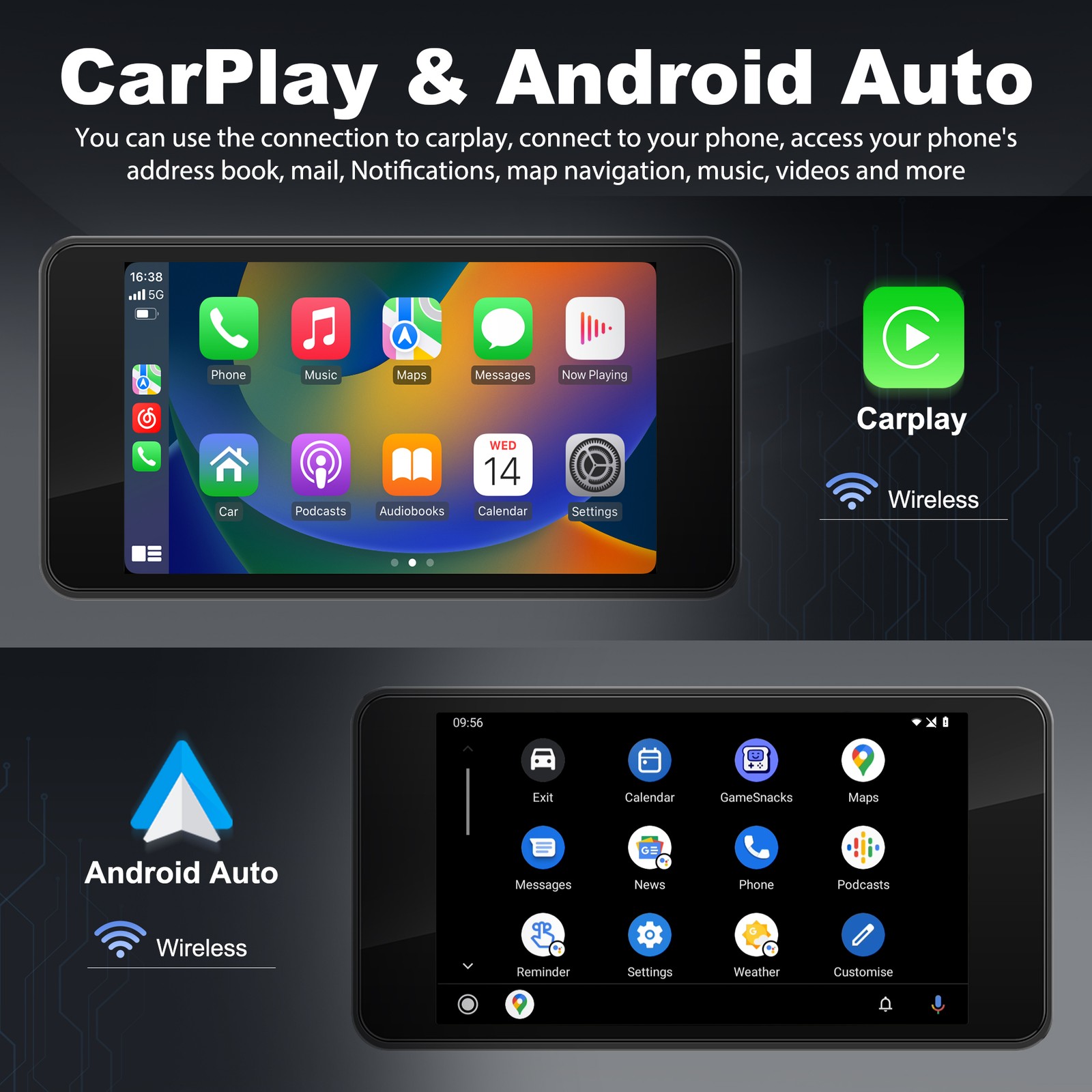 5″ WATERPROOF MOTORCYCLE NAVIGATOR PORTABLE WIRELESS CARPLAY ANDROID AUTO SCREEN
