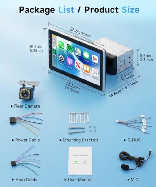 10.1 Inch Single Din Radio with CarPlay Android Auto Bluetooth 5.2 1280×720