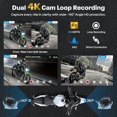 Motorcycle CarPlay Screen with Android Auto – 7”+Dual 4K Cam+TPMS+GPS+BSD+64GB