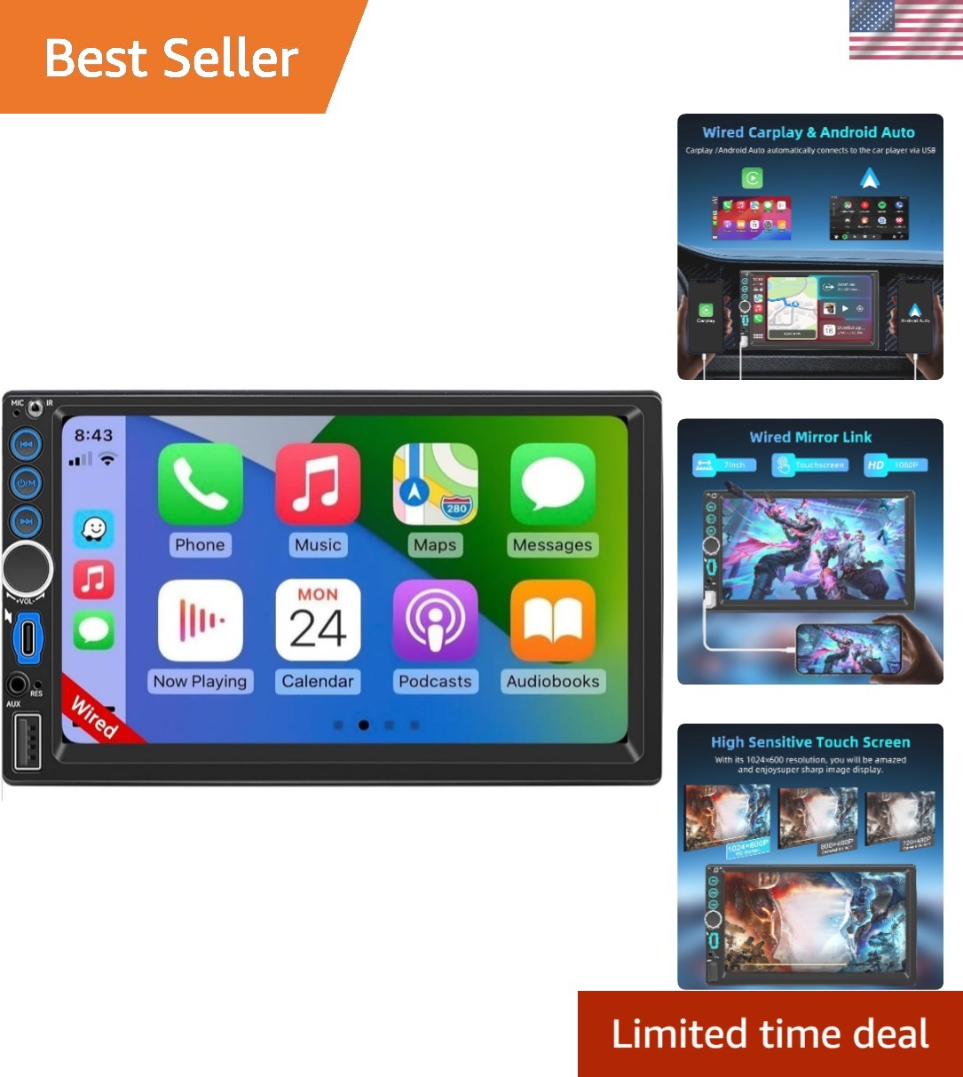 Bluetooth Double Din Car Stereo – 7-Inch Touchscreen with Mirror Link & FM Radio