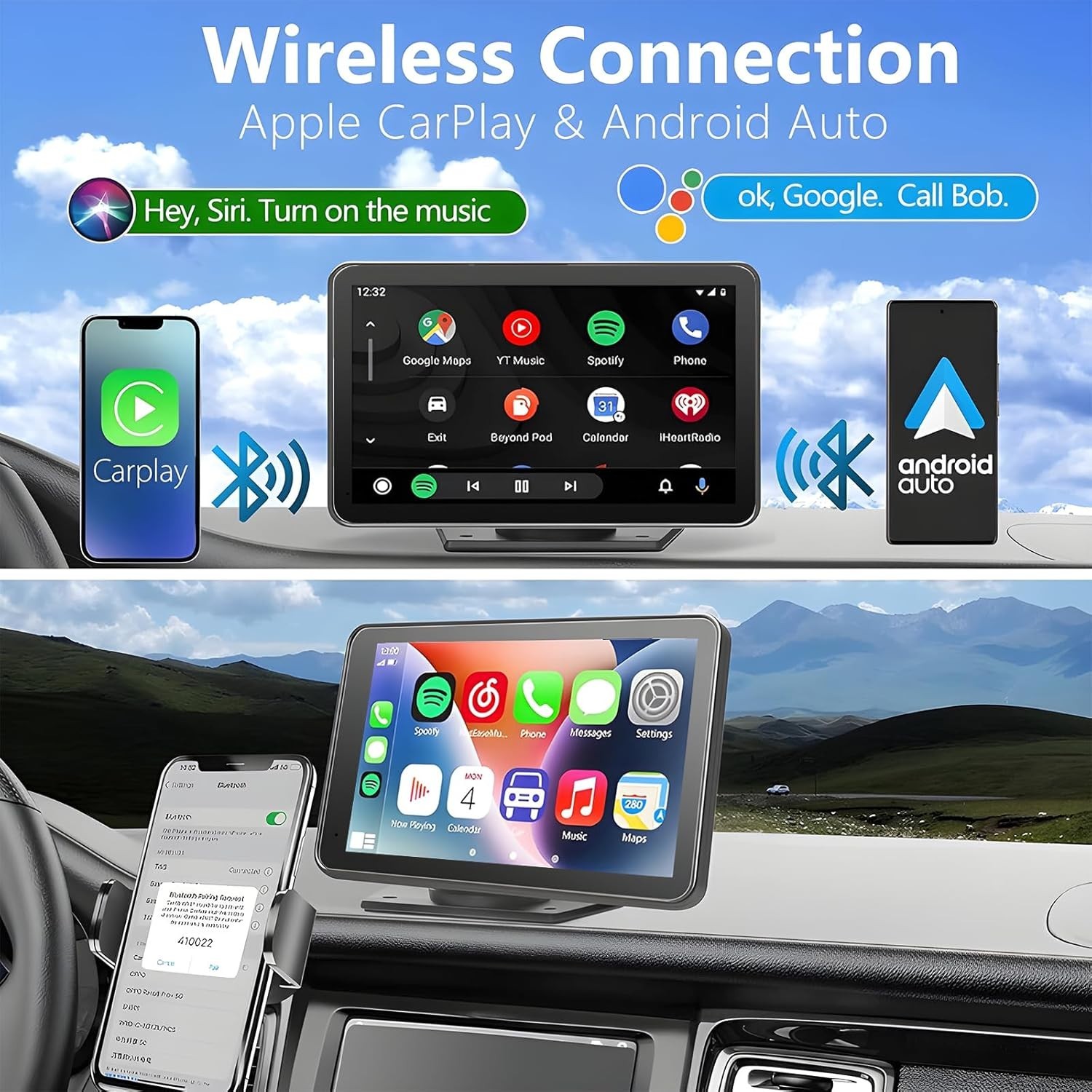 HD Portable Carplay & Android Auto Screen with Backup Camera – Universal Fit