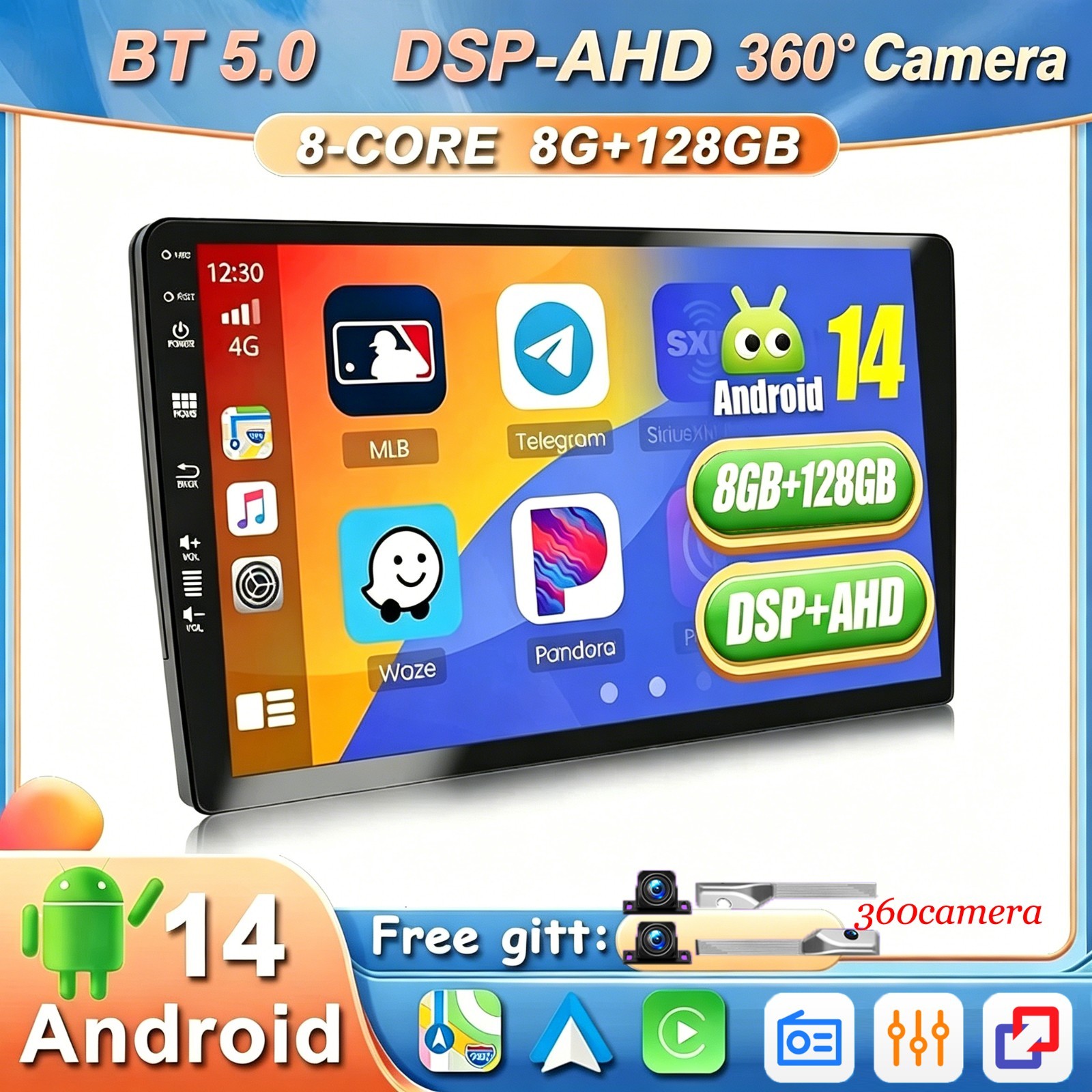 9″ Android14 Car Radio 8+128G CarPlay DSP Touch Screen 360° Camera GPS Stereo BT
