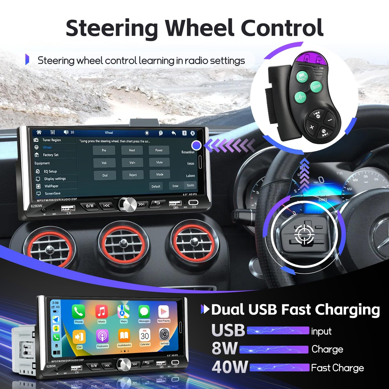 Single Din Radio Car Stereo with Wireless Apple Carplay & Android Auto, 6.9″ …