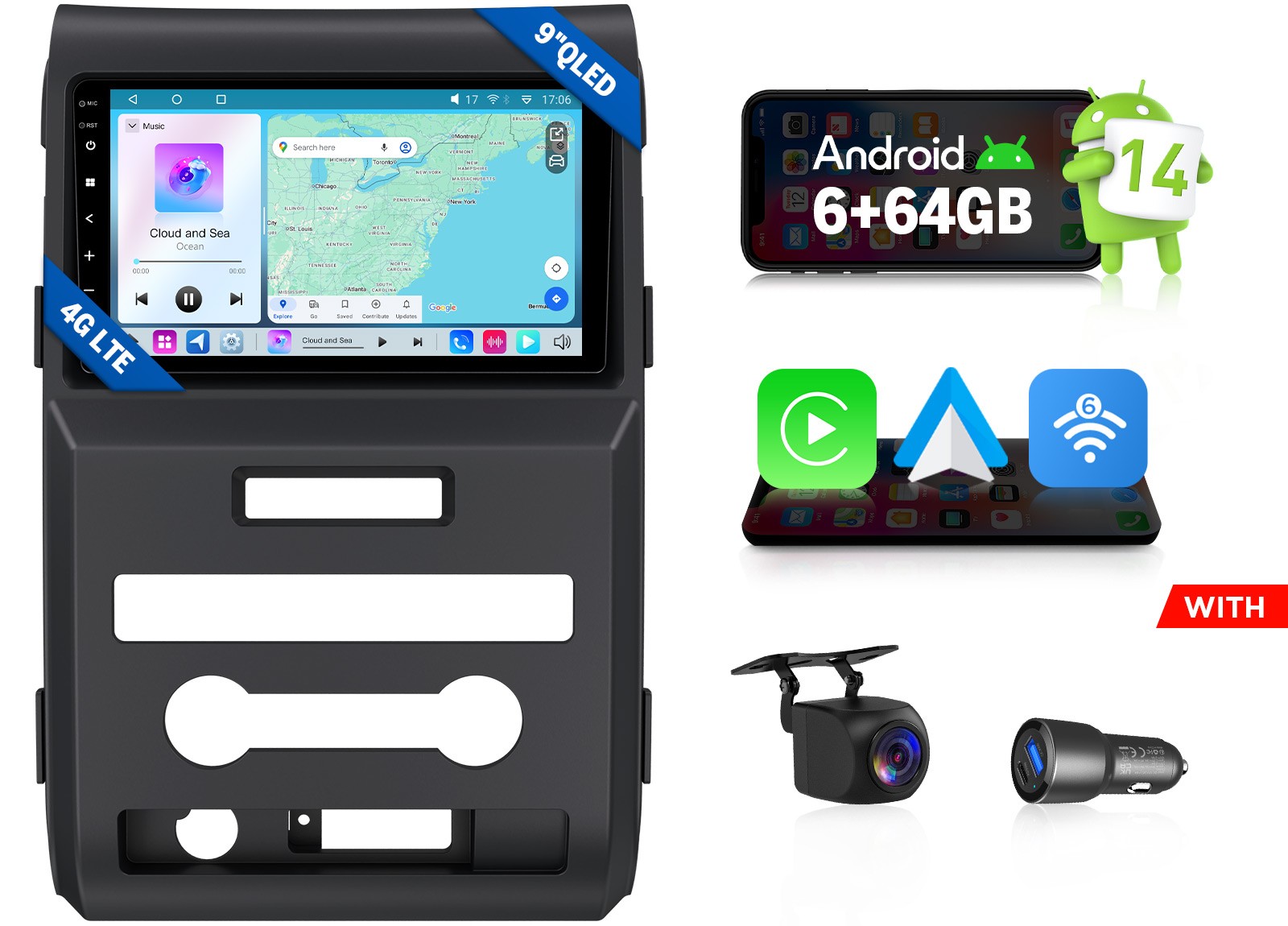 For 2009-2014 Ford F-150 9″ QLED Android Auto 14 6+64 Car Radio Wireless CarPlay