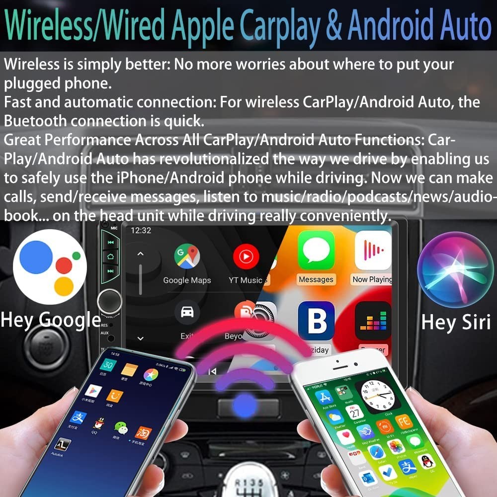 7″ Double Din Car Stereo – Wireless Apple CarPlay & Android Auto, Bluetooth, Bac