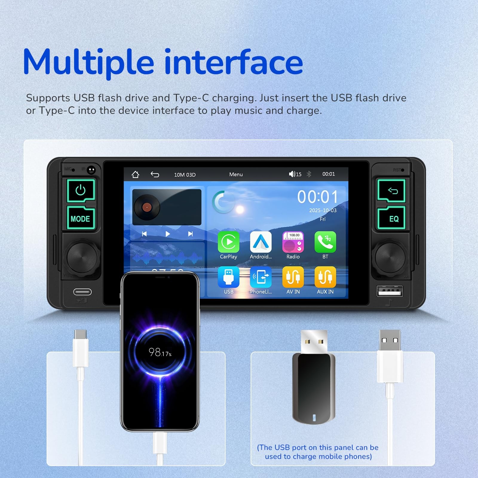 Single Din Radio Car Stereo with Wireless and Wired CarPlay & Android Auto…