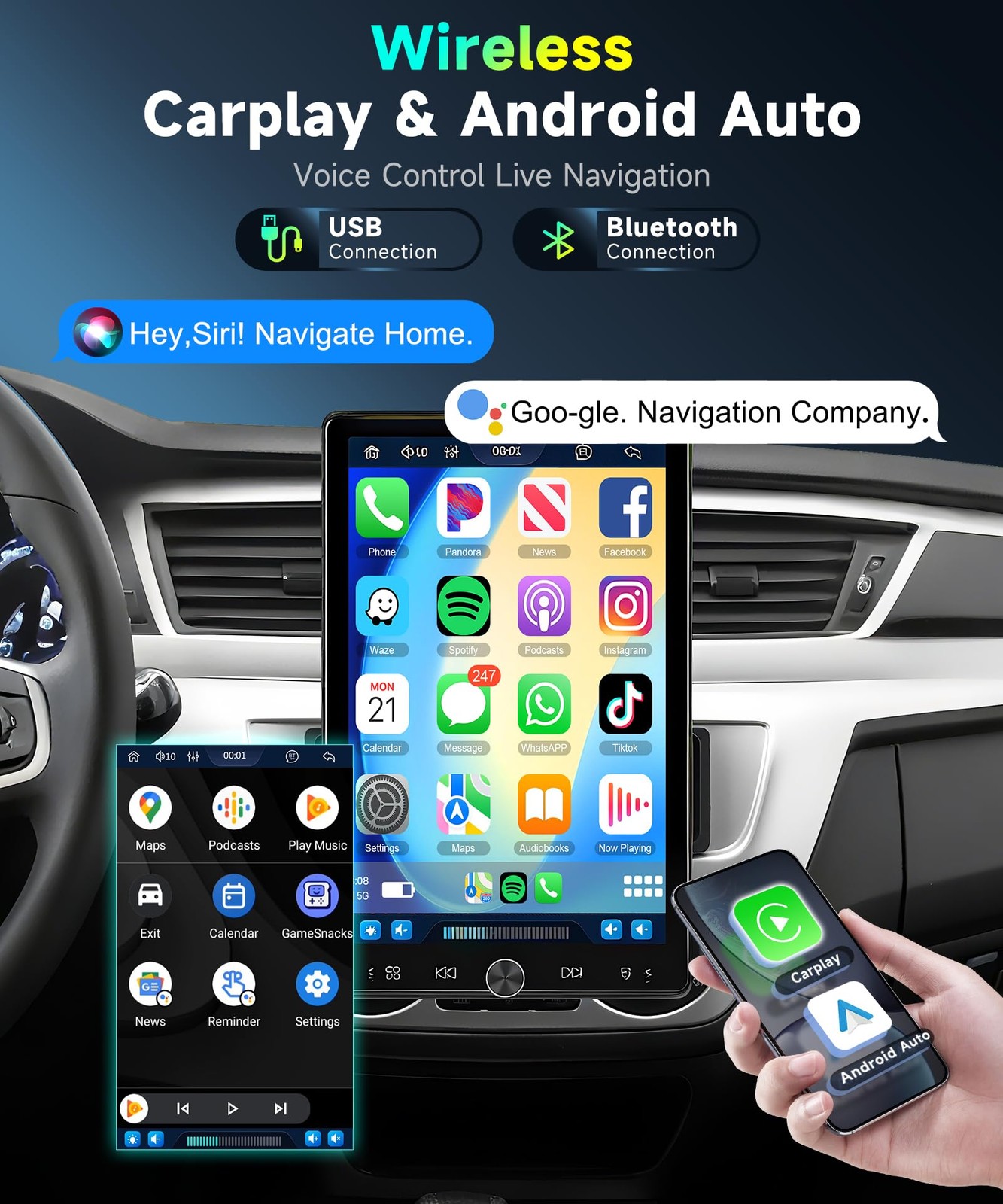 10.4 inch Single Din Car Stereo with Wireless Carplay Android Auto-2025 Upgra…