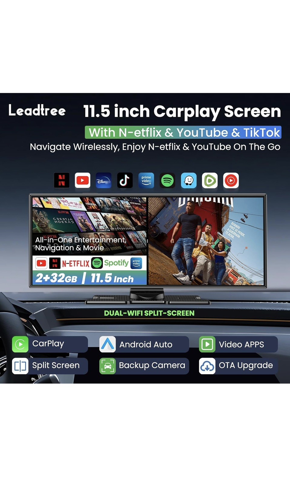 Largest 11.5 inch Wireless CarPlay Screen for Car,Built-in N black
