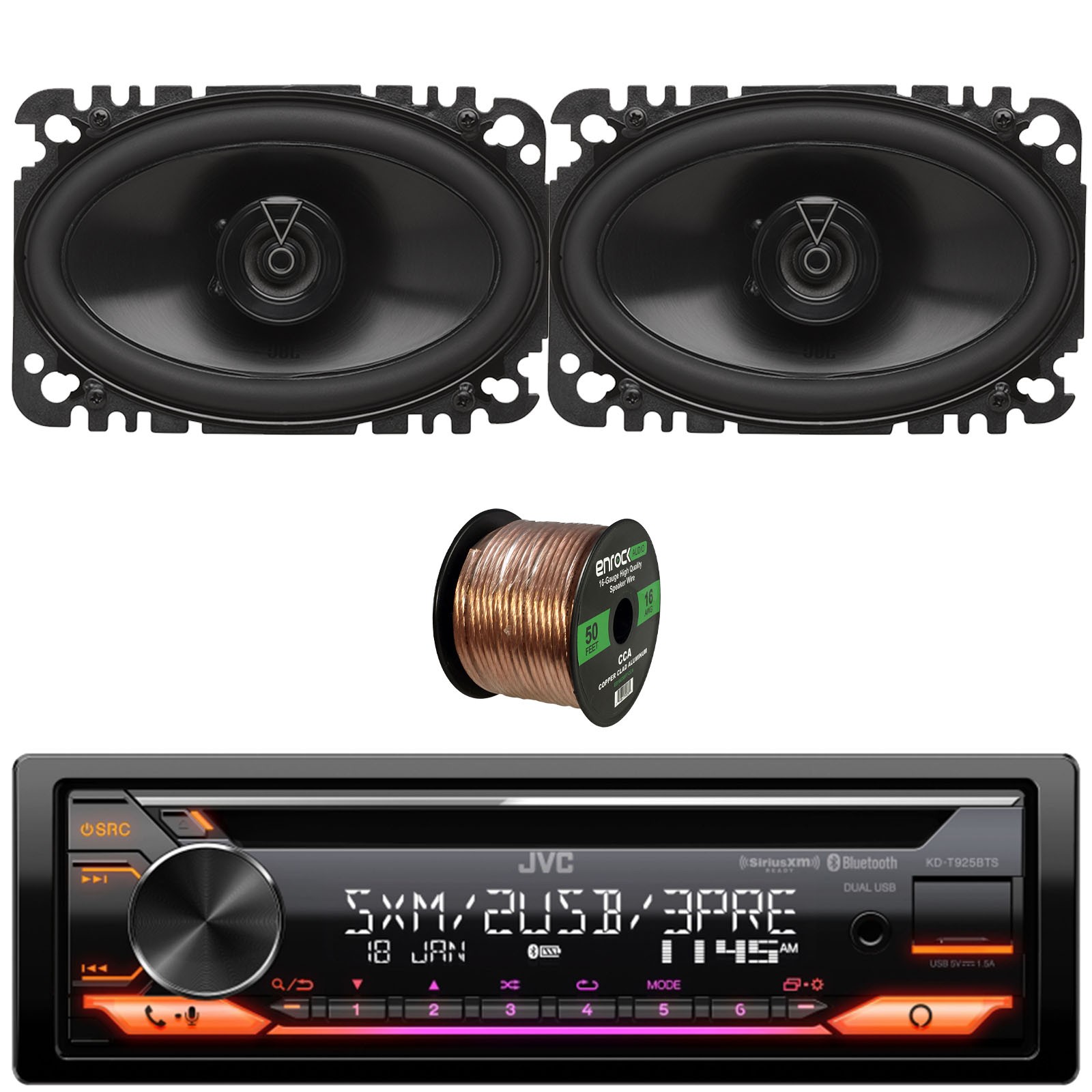 KD-T925BTS Single DIN Bluetooth CD Receiver with 2x 4×6″ 120W Speakers, Wire