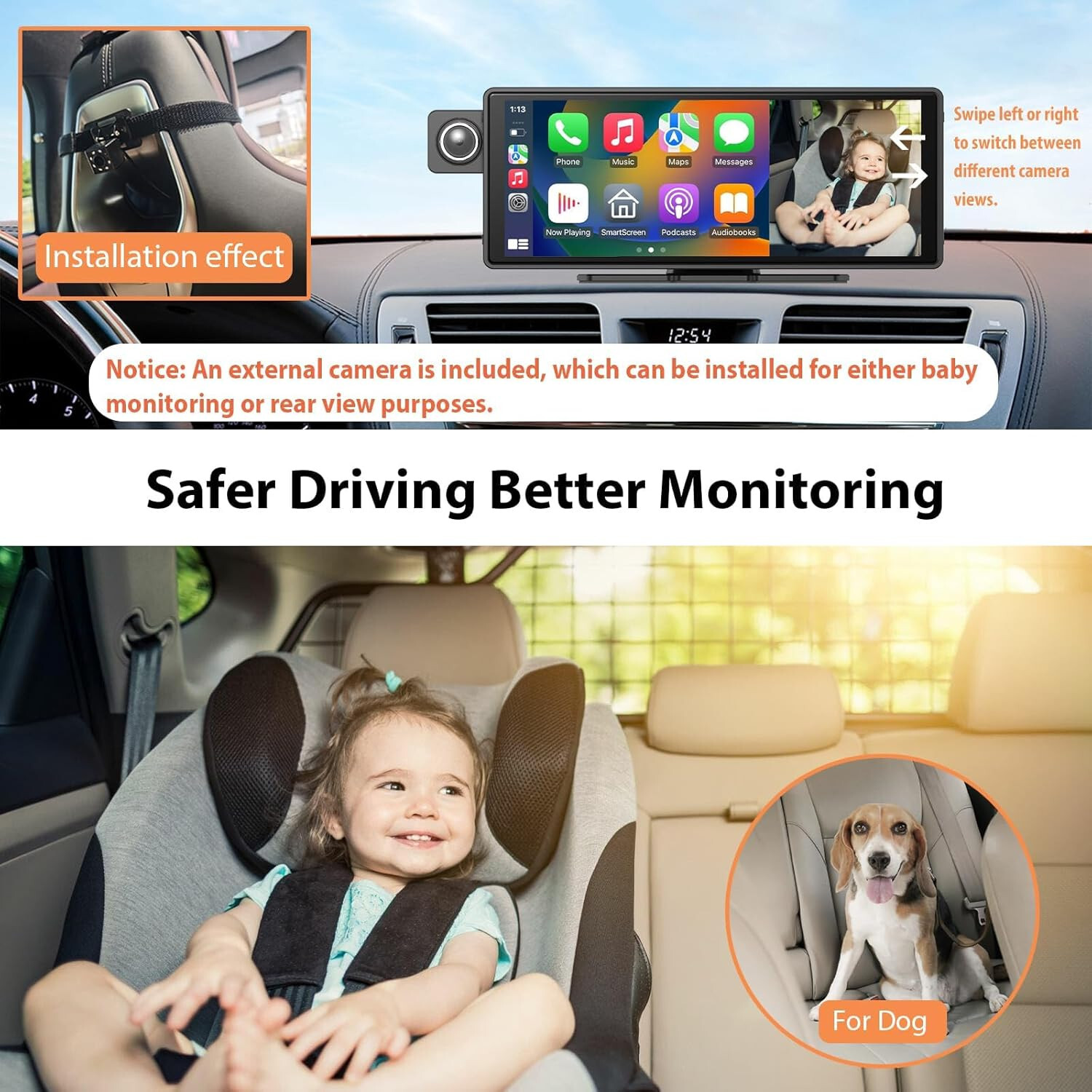 10.26 inch Carplay Video Recorder Portable Car Stereo Baby Monitor Back Seat NEW