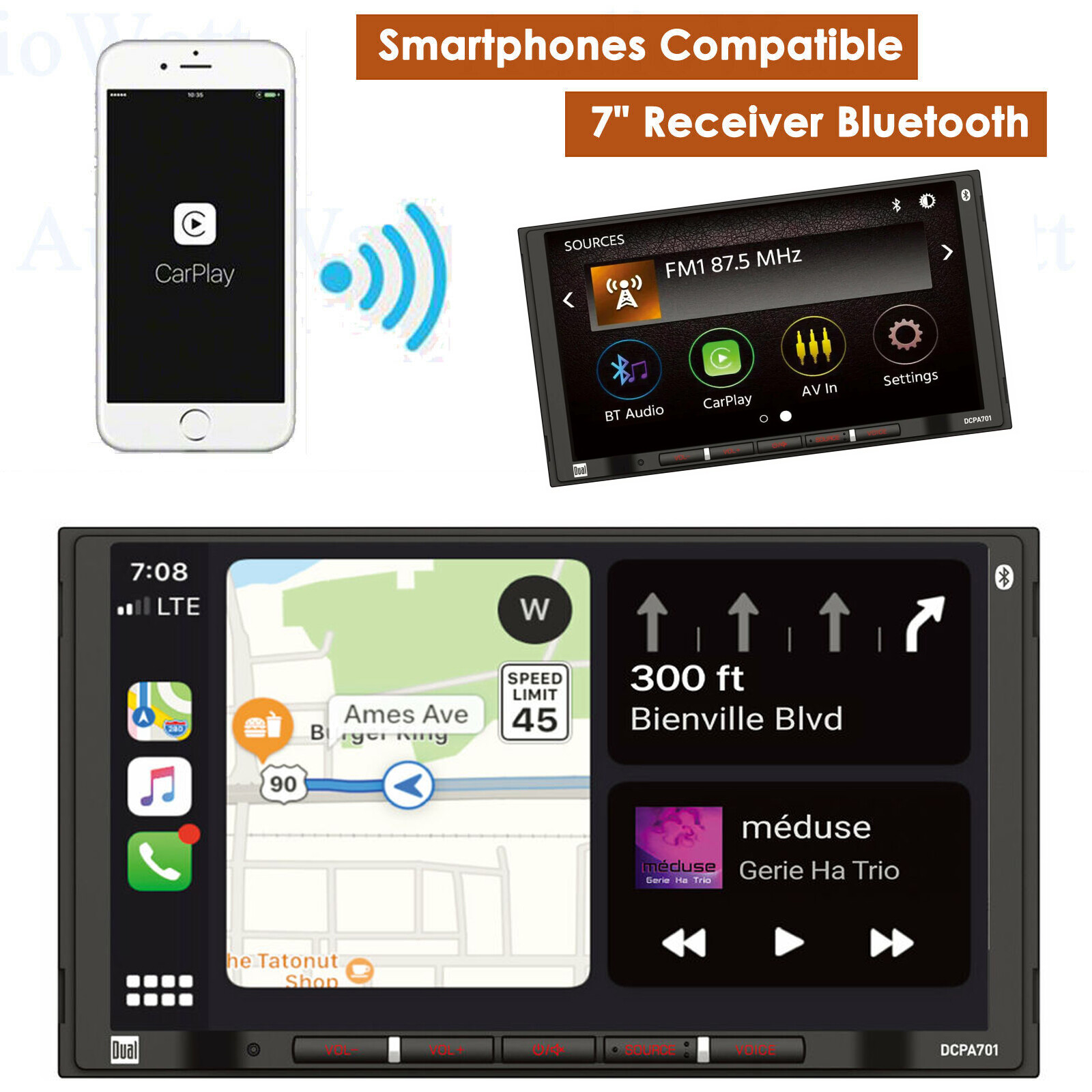 DUAL DCPA701 7″ LCD Car Multimedia Receiver Bluetooth Apple CarPlay Android Auto