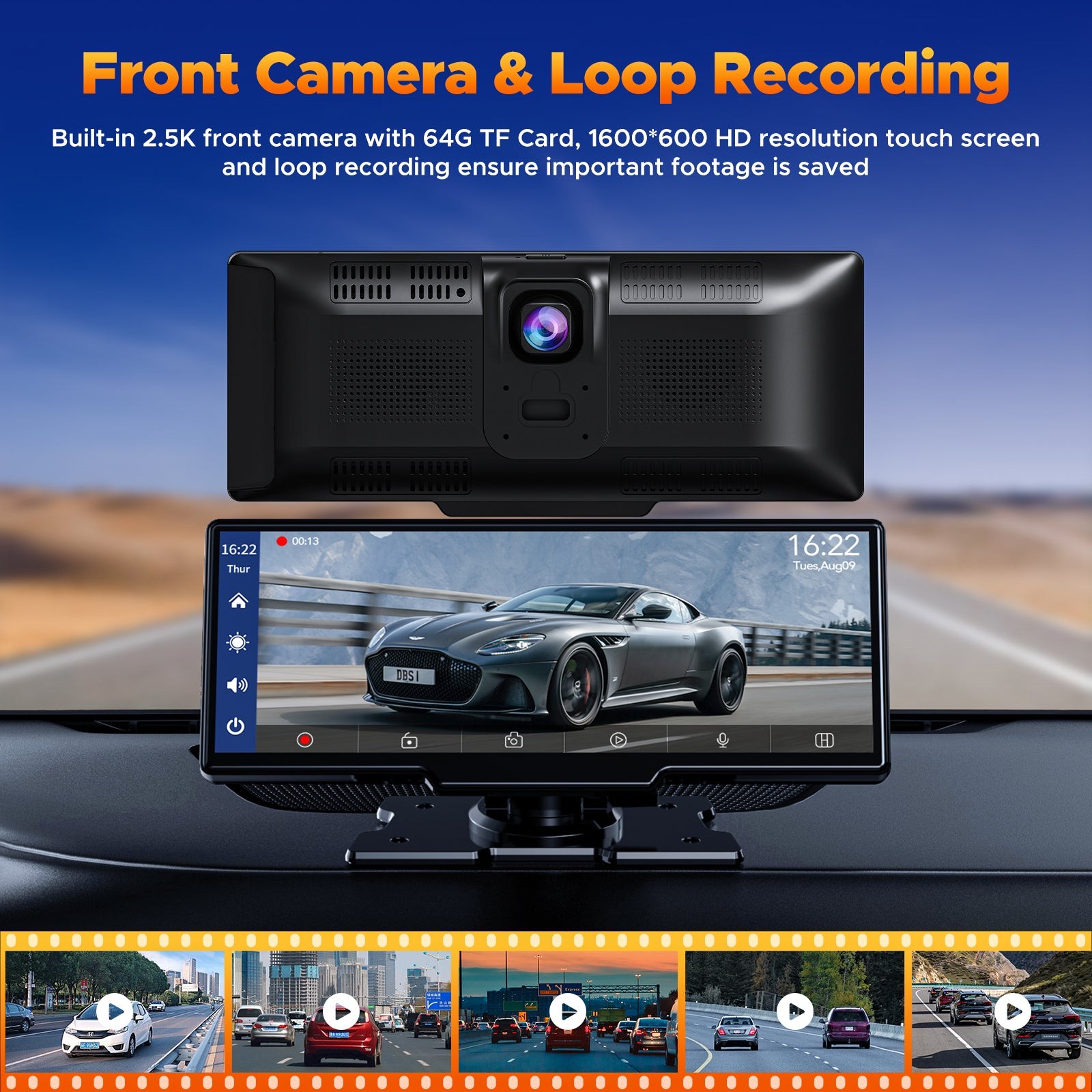 Universal Wireless Apple Carplay Portable Car Stereo Android Auto 2.5K Dash Cam