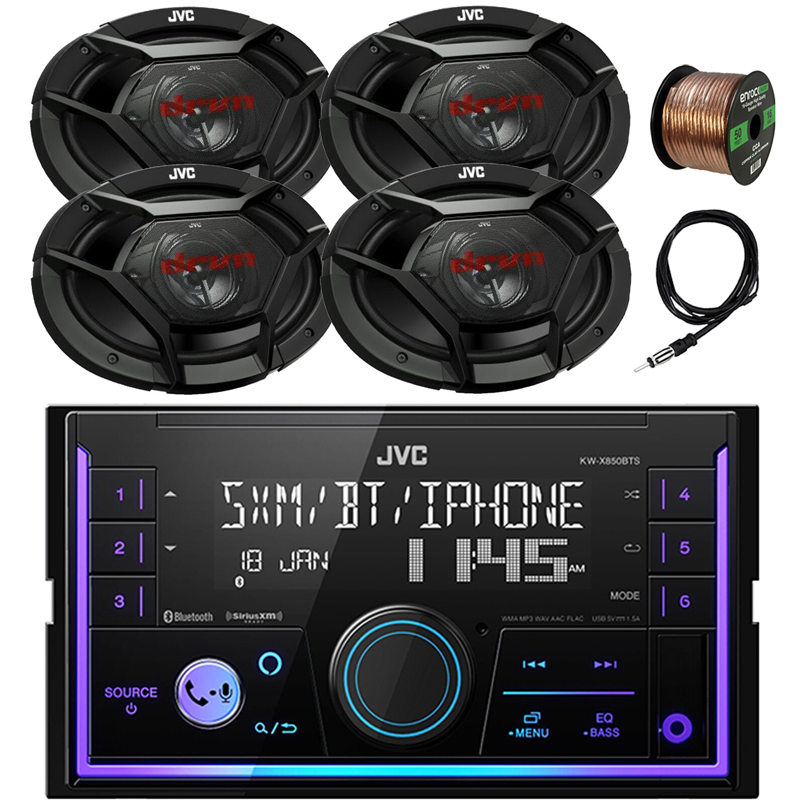 In-Dash 2DIN USB/AUX Bluetooth Receiver, 4x 6×9″ 500W Car Speaker, Antenna, Wire