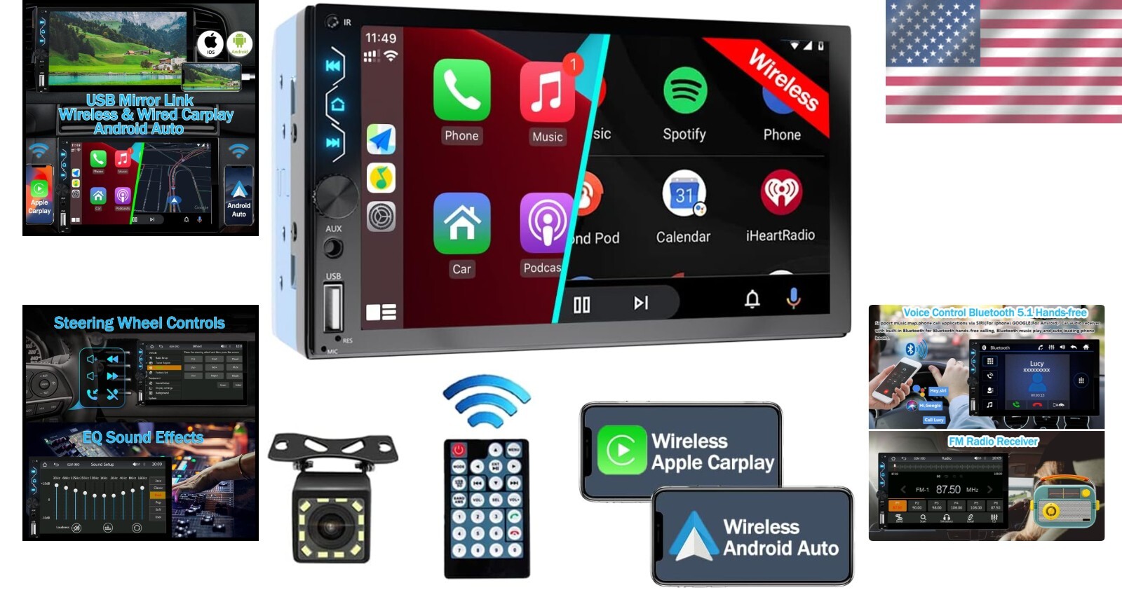Advanced Double Din Car Stereo with Mirror Link, EQ & Night Vision Backup Camera