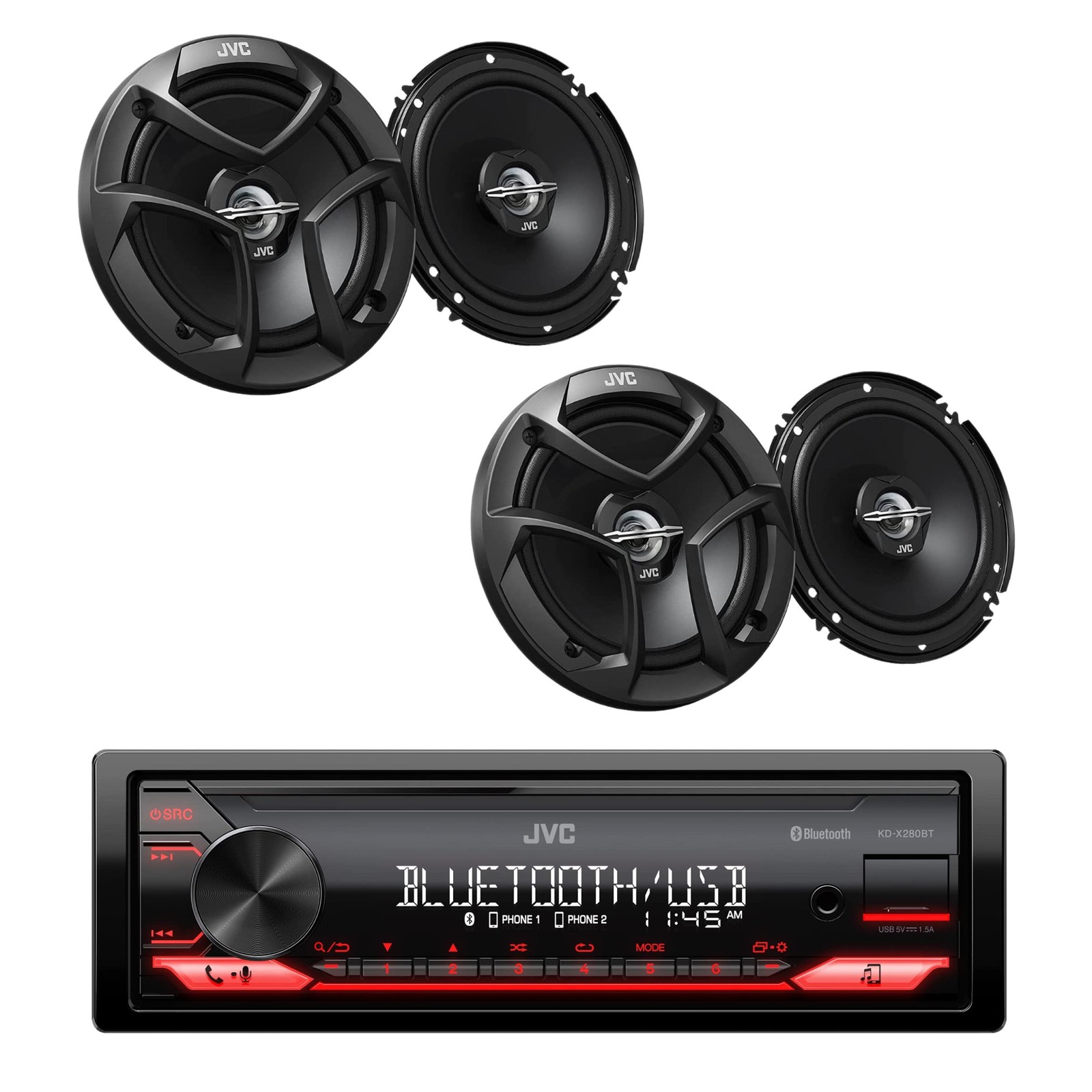 JVC KD-X280BT Car Stereo + 4x JVC CS-J620 6.5″ Speakers Bundle – Bluetooth, 300W