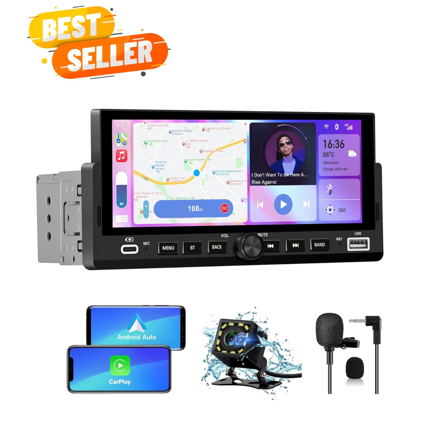 Single Din Car Stereo, 6.86 Inch CarPlay & Android Auto HD IPS Touchscreen Ra…