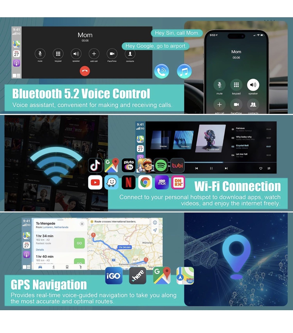 Single Din Car Stereo with Apple Carplay Android Auto,6.8 Inch IPS Touch 5G