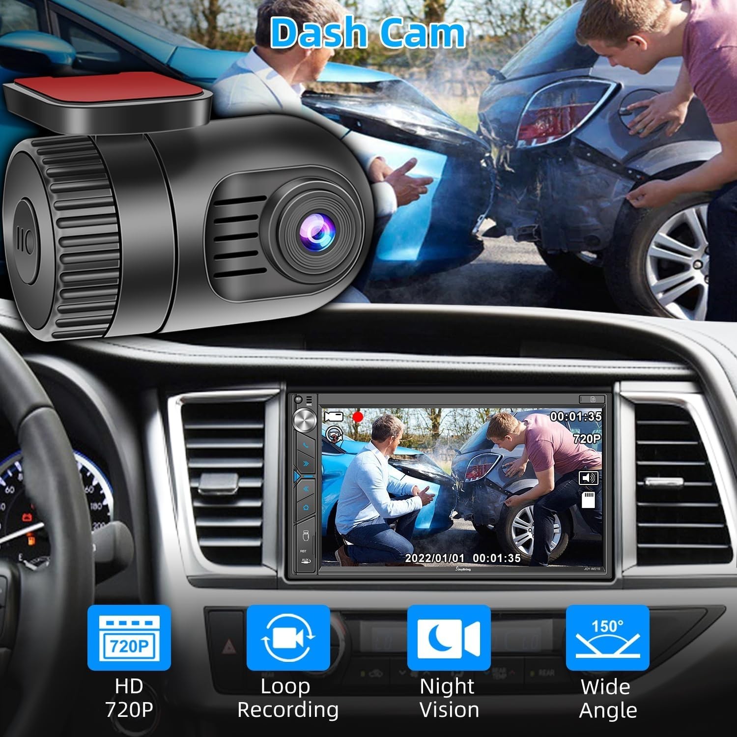 Double Din Car Stereo with Dash Cam – Voice Control Carplay, Android Auto, St…