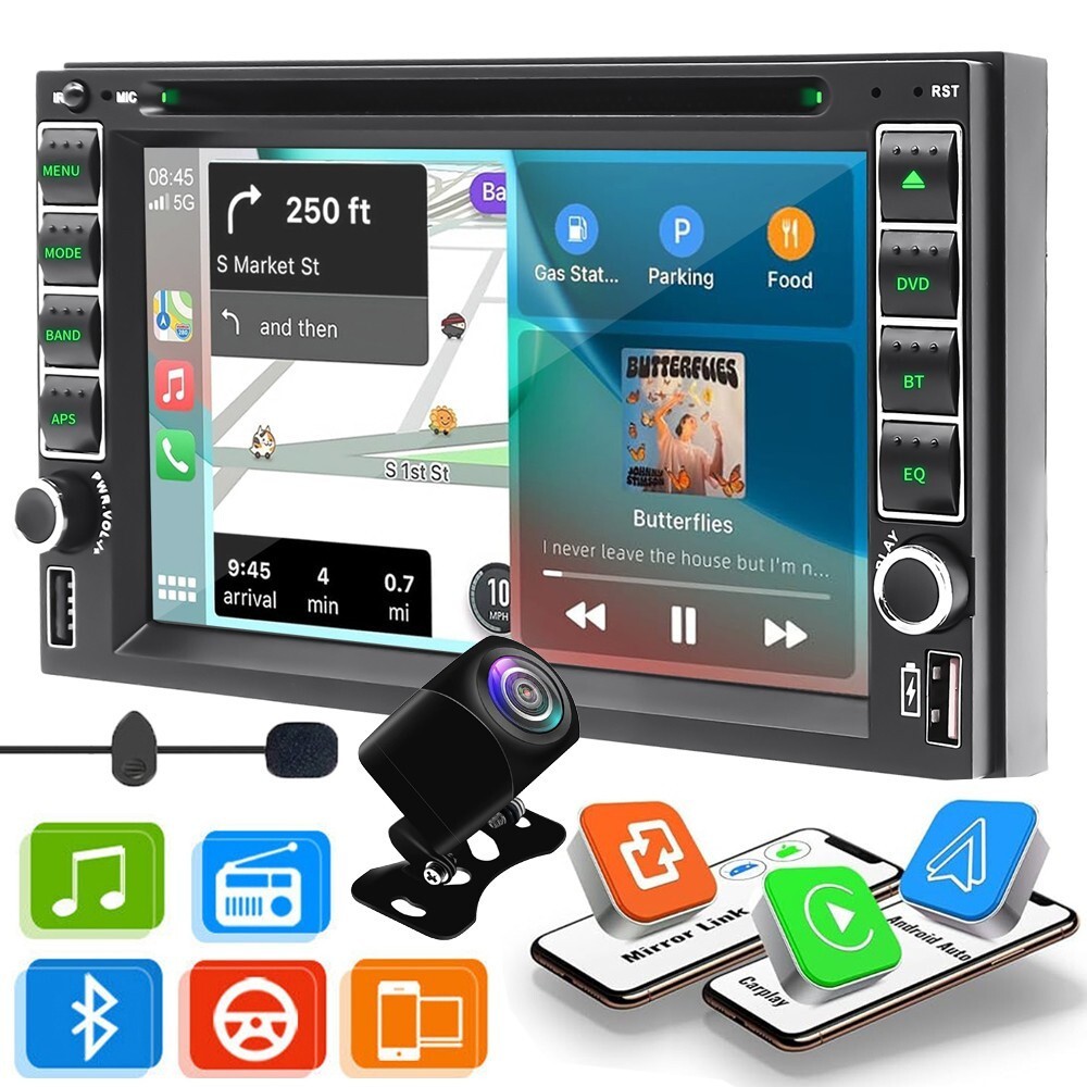 Double 2Din Radio Car Stereo with CD/DVD Player Apple CarPlay & Android Auto GPS
