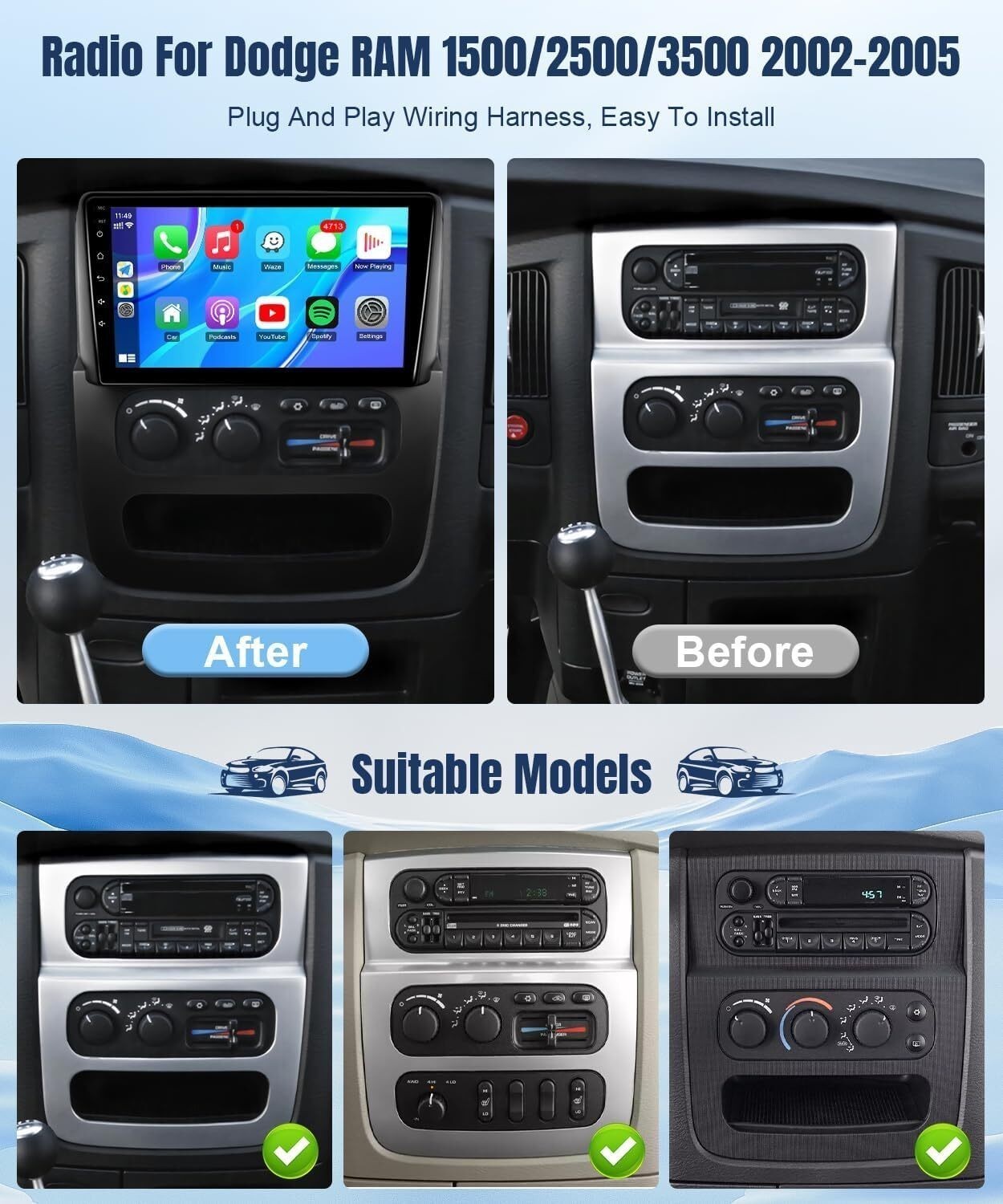 4+64G Car Radio Stereo Carplay For 2002-2005 Ram 4+64G 9in EQ FM RDS 1280*800