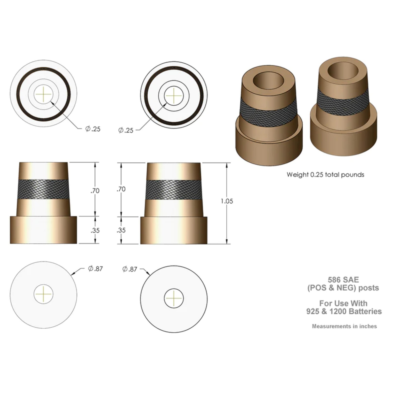 XS Power M6 Tall Brass Battery Terminal Post Adaptors XS-586