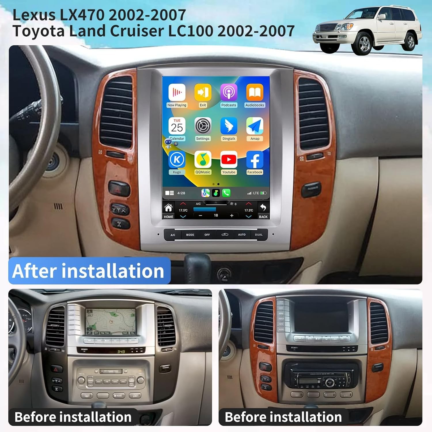 For Lexus LX470 2004-2008 Head Unit Car GPS Navi Stereo Radio Android 14.0 2+32G