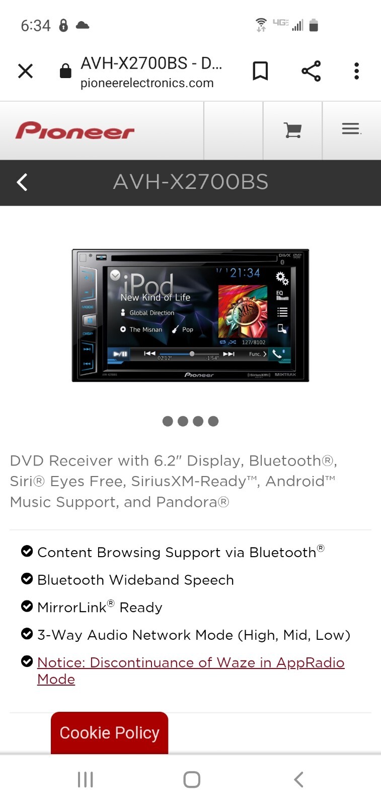 Pioneer AVH-X270BT Multimedia AV Receiver