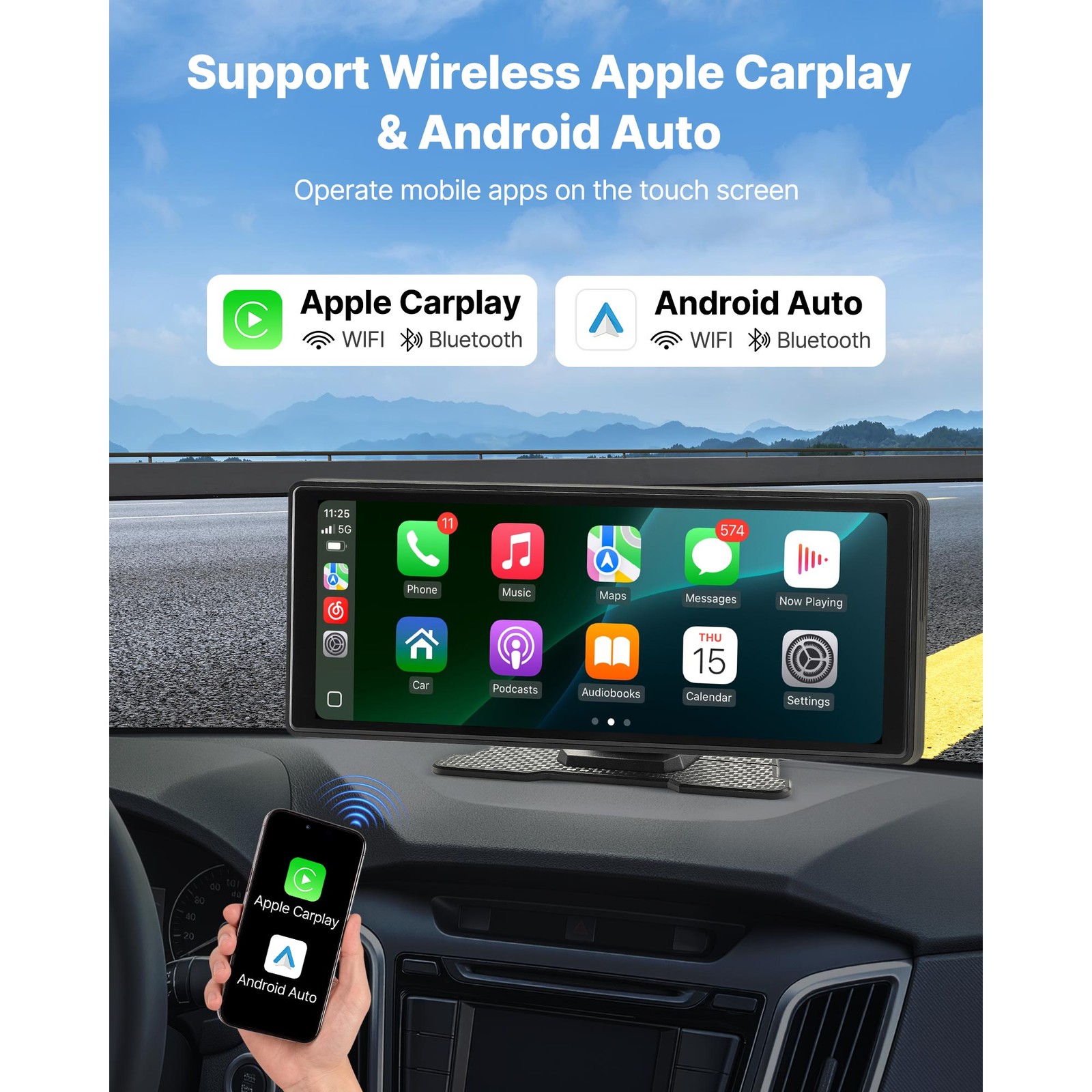 VEVOR 10″ portable Carplay Car Stereo Radio Touch Screen WIFI GPS Voice Contorl