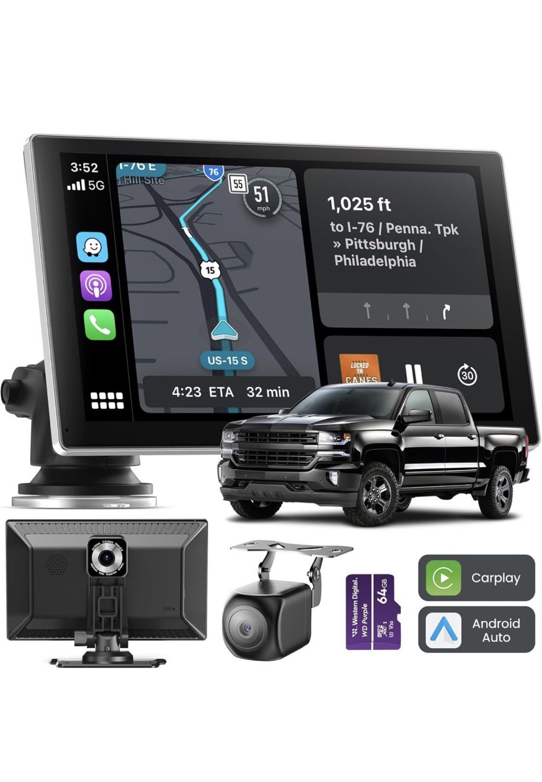 Carplay Screen for Car, 9″ Portable Wireless Carplay & Android Auto, 4K DashCam