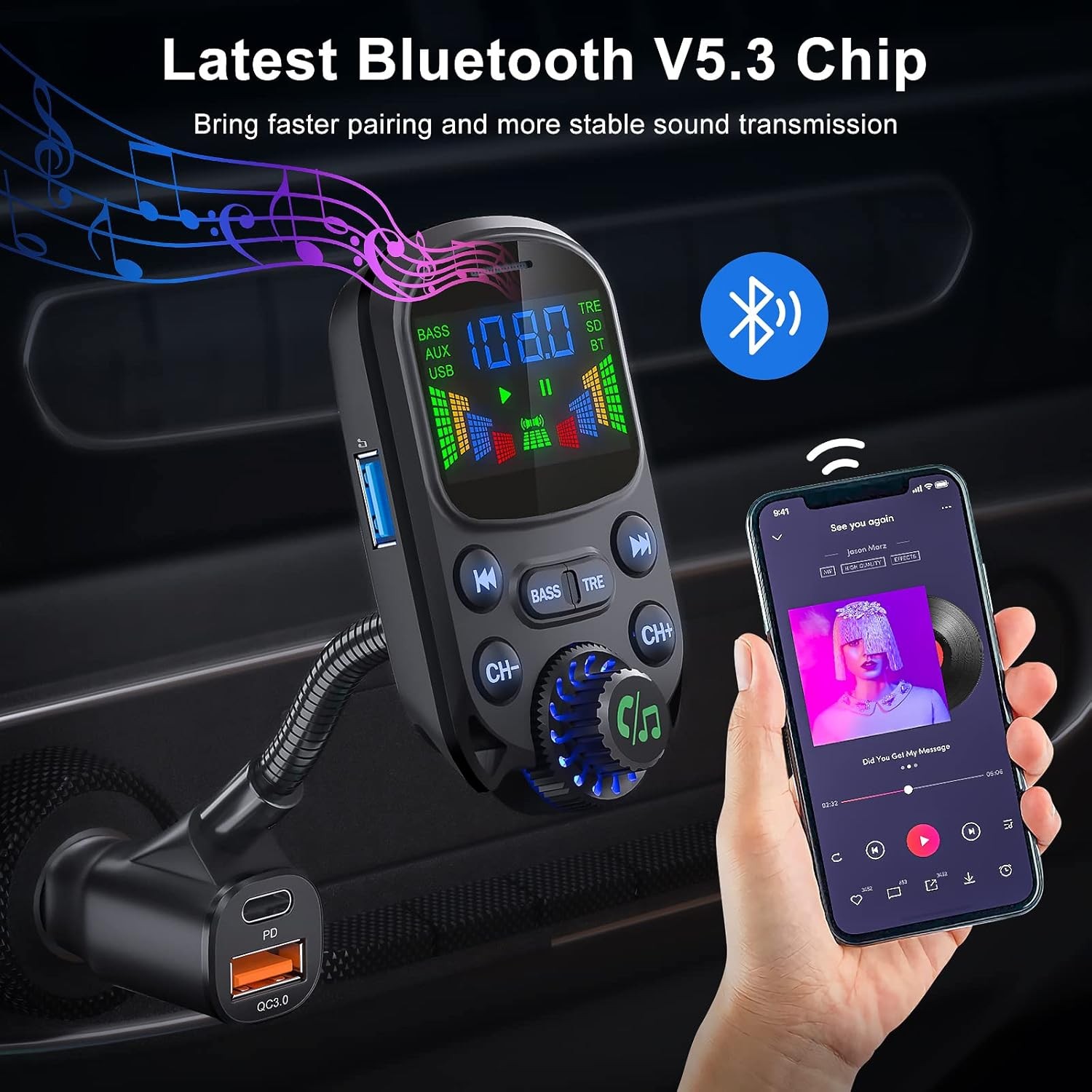 Transmisor De Audio FM Para Auto Bluetooth 5.3 USB Receptor Radio For Carro New