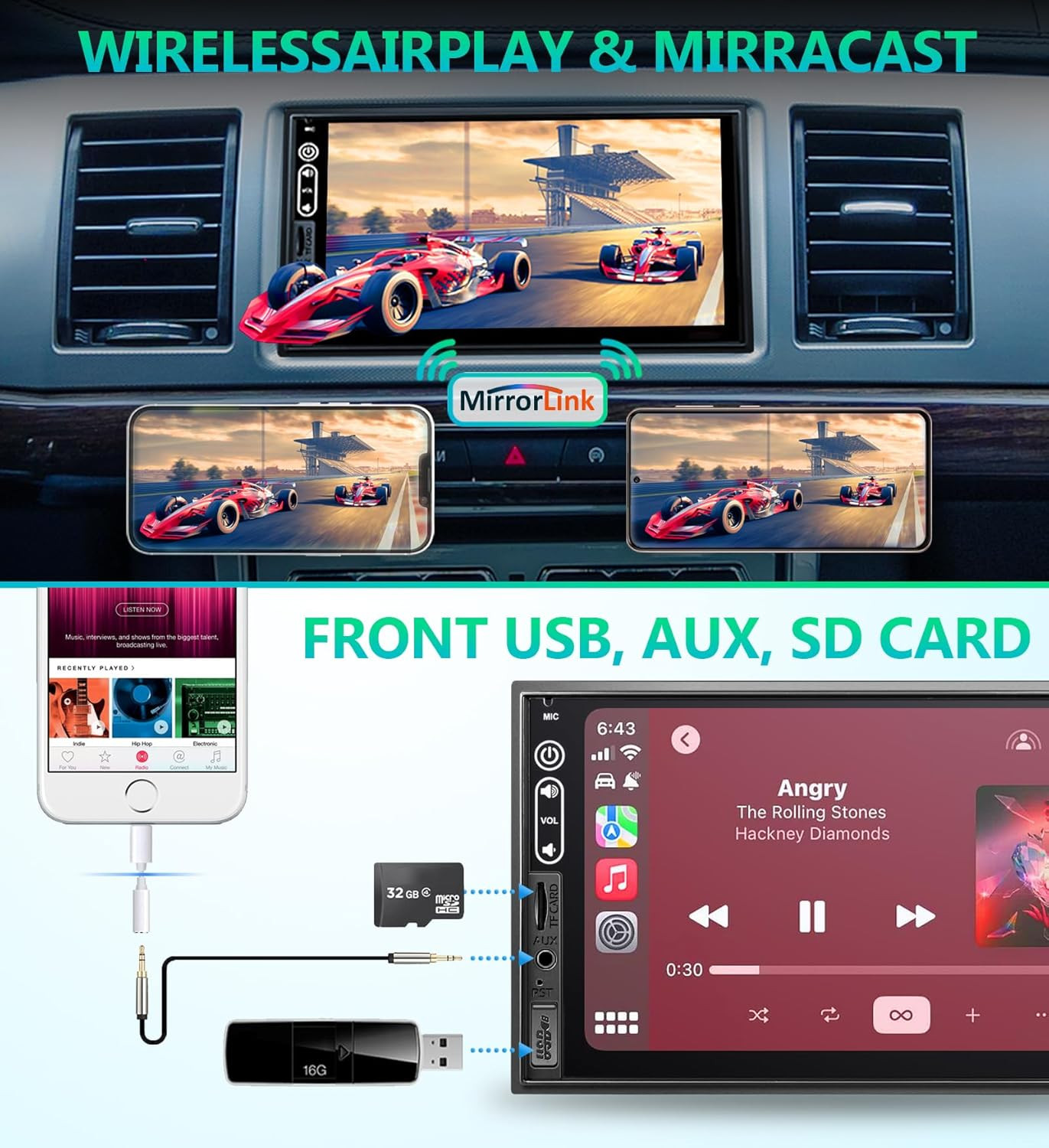 Double Din Car Stereo Compatible with Wireless Apple Carplay, Android Auto – 7″