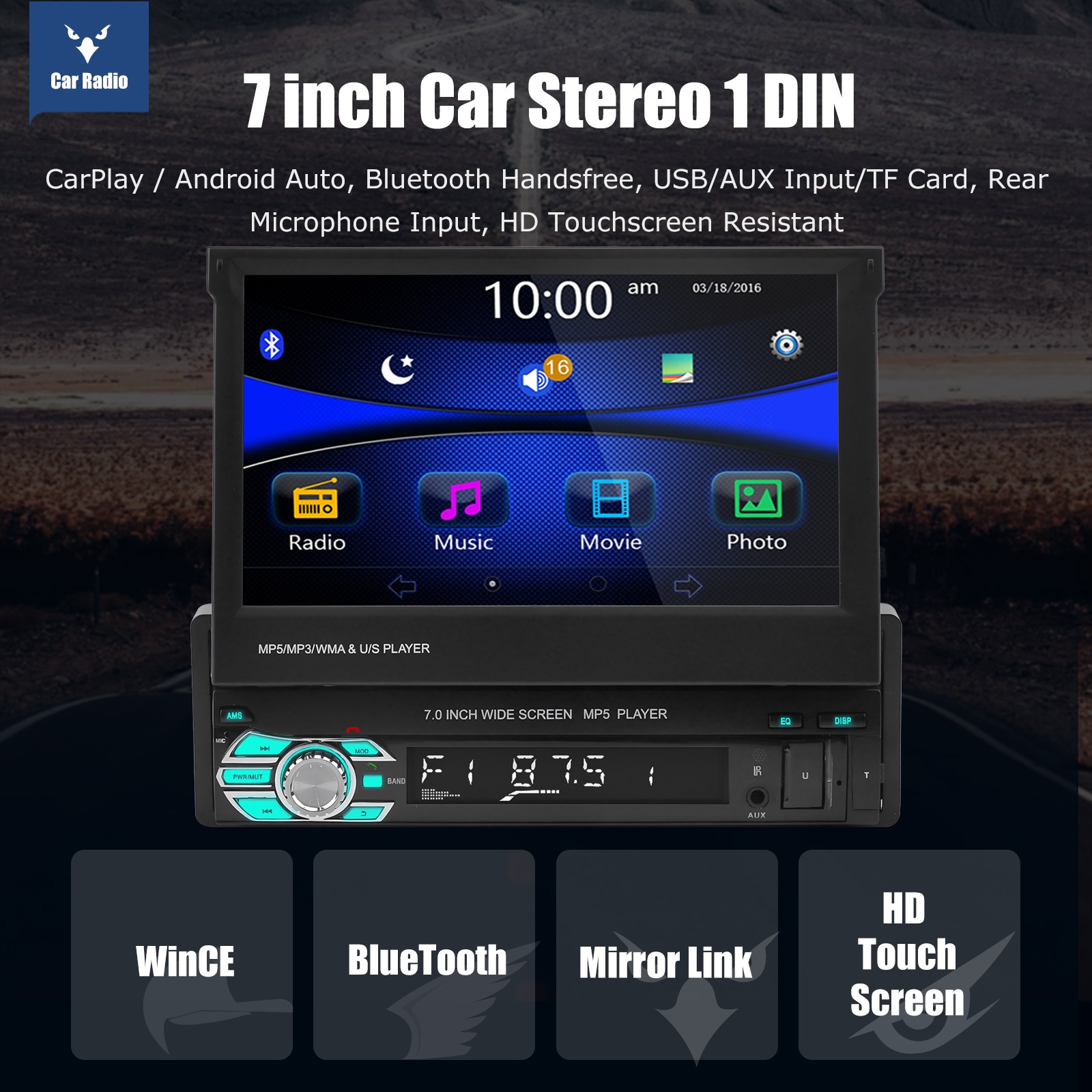 7″ Single 1 Din Car Stereo Radio Apple CarPlay & Android Auto Flip Out Player BT