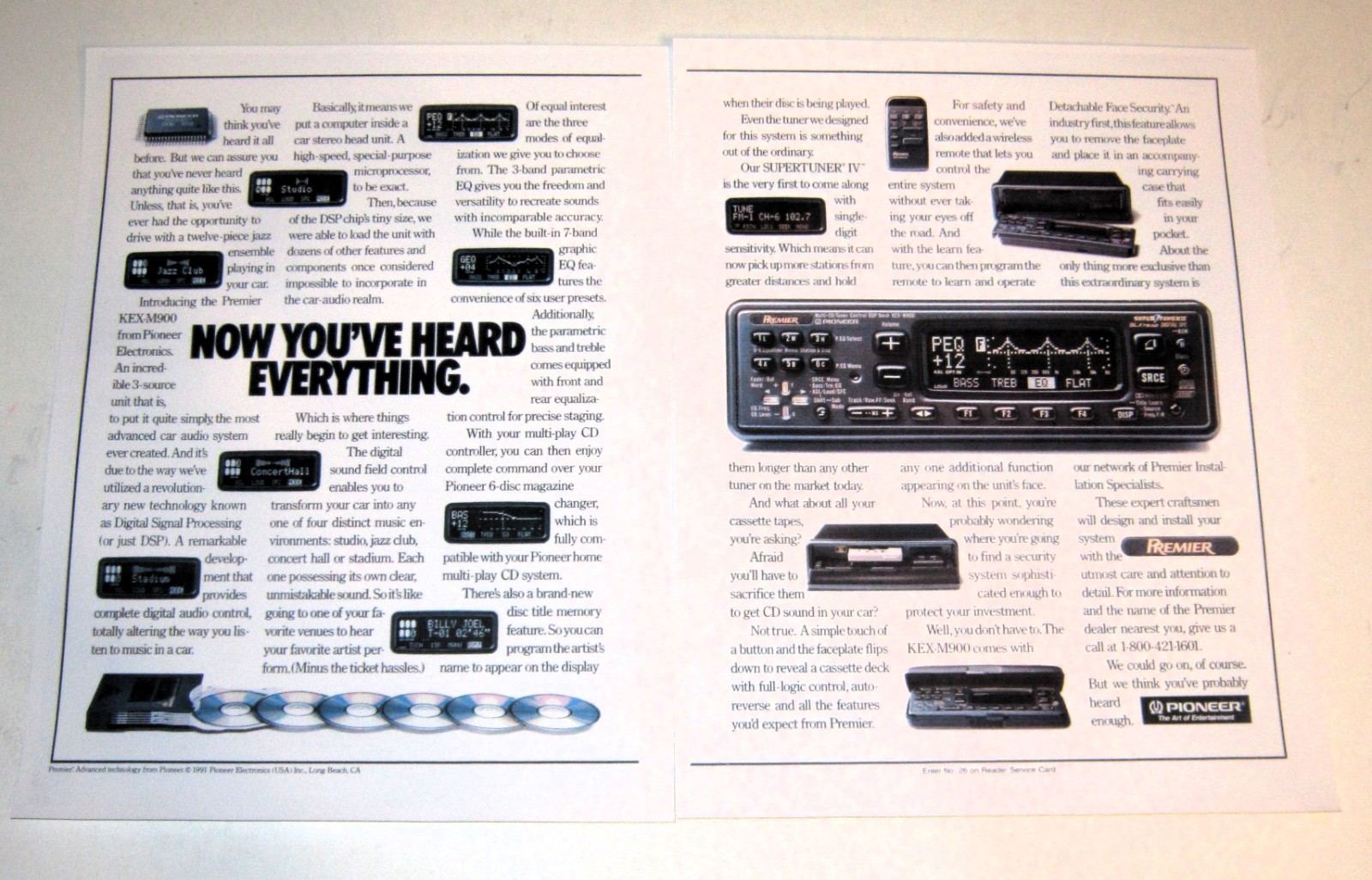 Pioneer Premier KEX-M900 Cassette/EQ/CD Changer AD, 2 pages 1991 – 9″x 11″