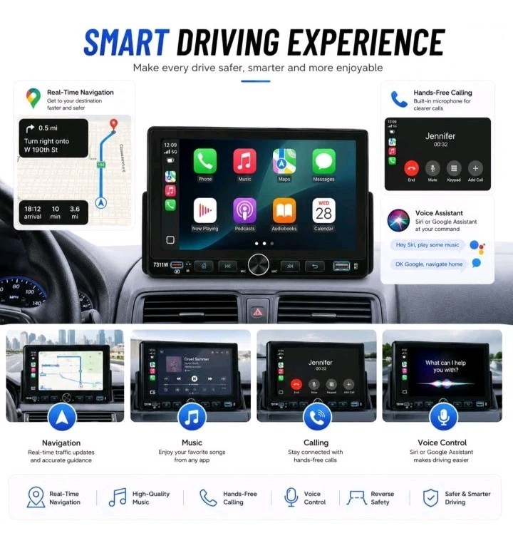 7″ Single 1Din Car Stereo Radio USB BT Wireless Android auto Carplay BT + Camera