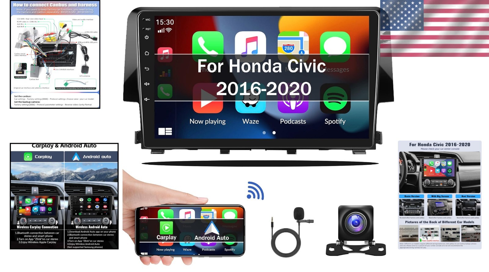 Elegant 9” Android Car Stereo for Honda Civic 2016-2020 with Wireless CarPlay