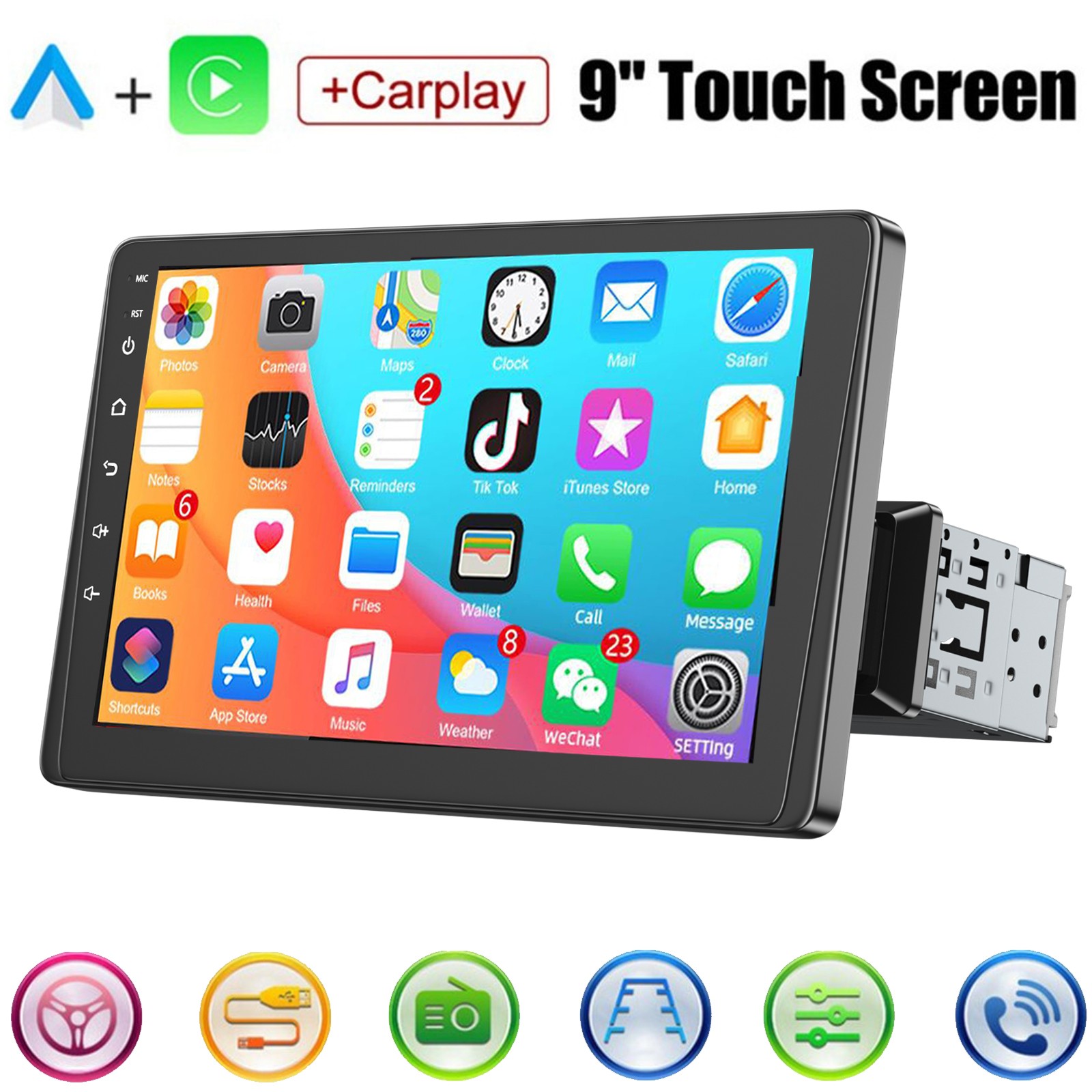 9″ Single Din Car Radio Stereo Touch Screen MP5 CarPlay Android Auto AUX USB TF