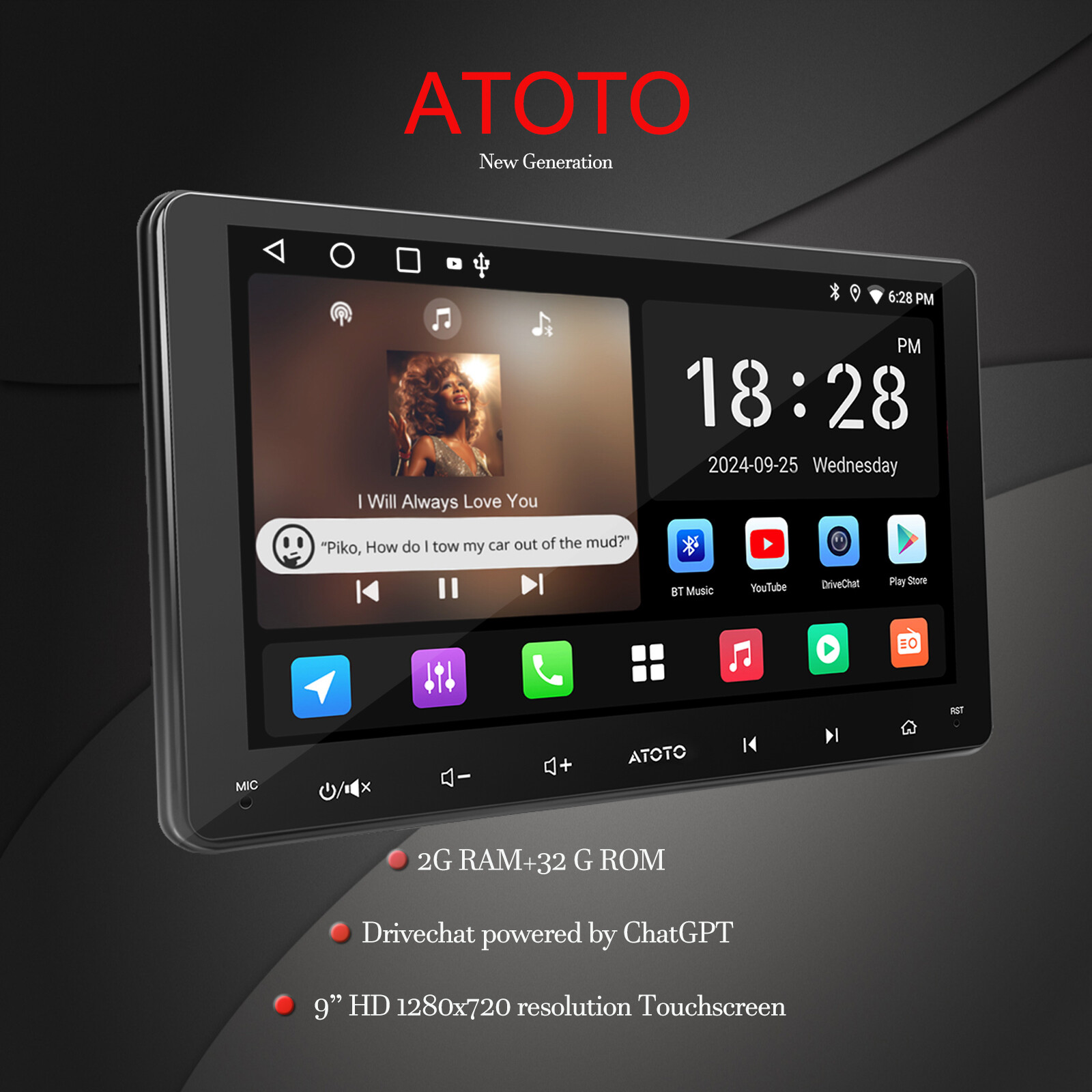9″ 2G+32G Touch Screen Apple Carplay Stereo 2-DIN Android 10 Mirrorlink GPS BT