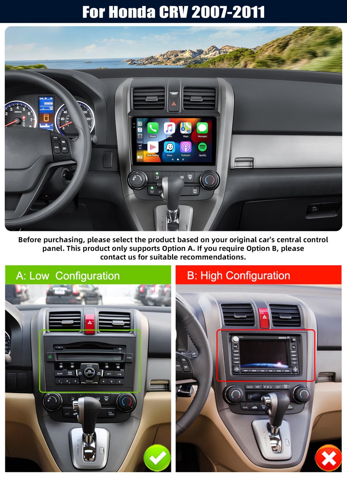 9 Inch Car Radio for Honda CRV 2007-2011, Wireless CarPlay, GPS, Bluetooth