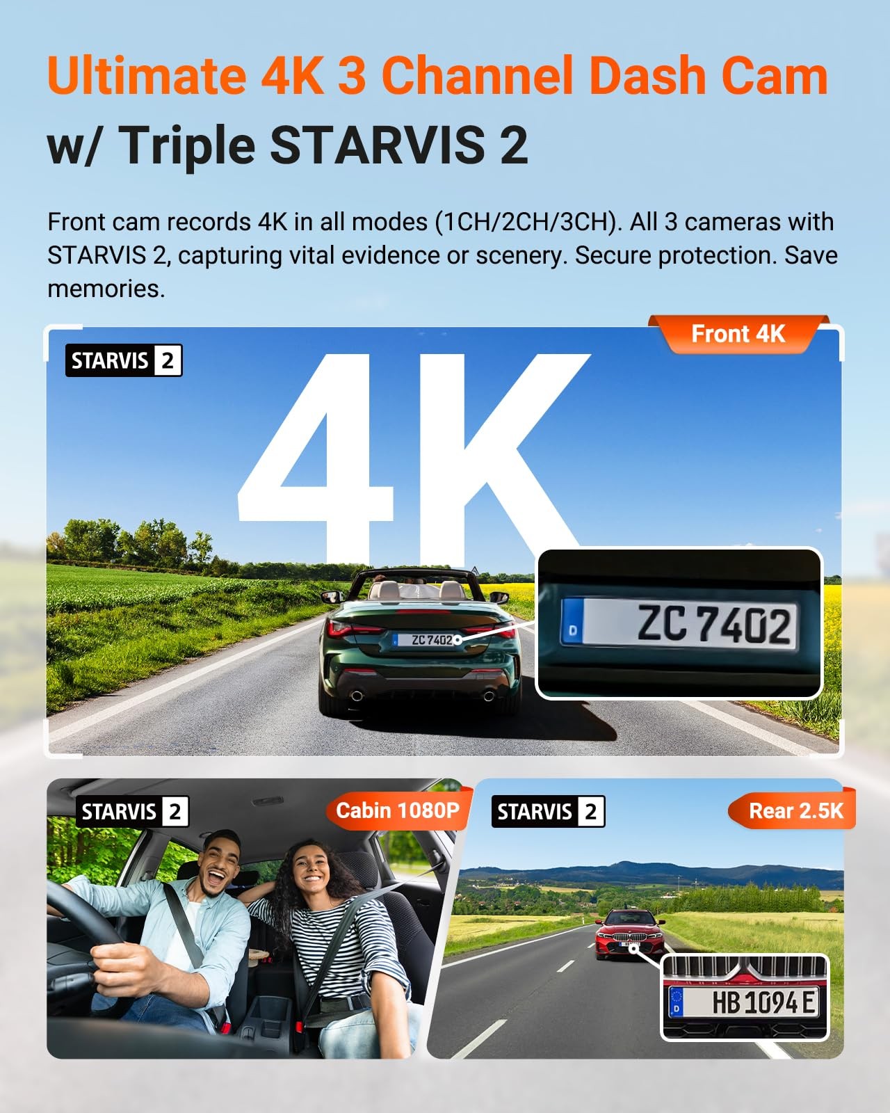 Vantrue N4 Pro S 4K 3 Channel Dash Cam Triple STARVIS 2, 4K+1080P+2.5K Front