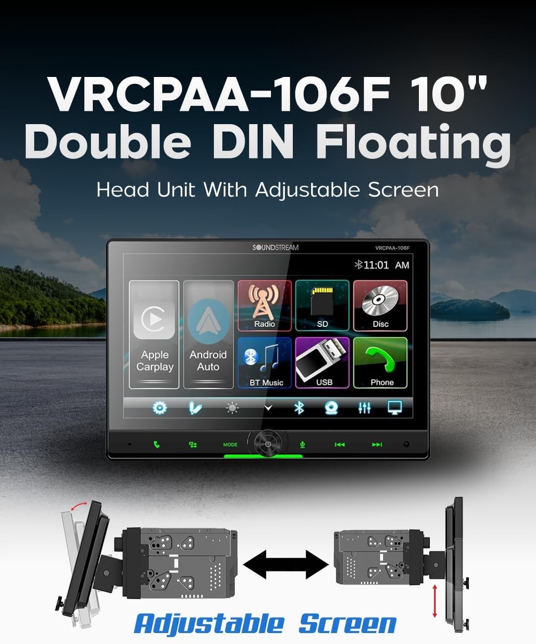 Soundstream 10.6″ Double Din Floating Touchscreen Car Stereo, Black